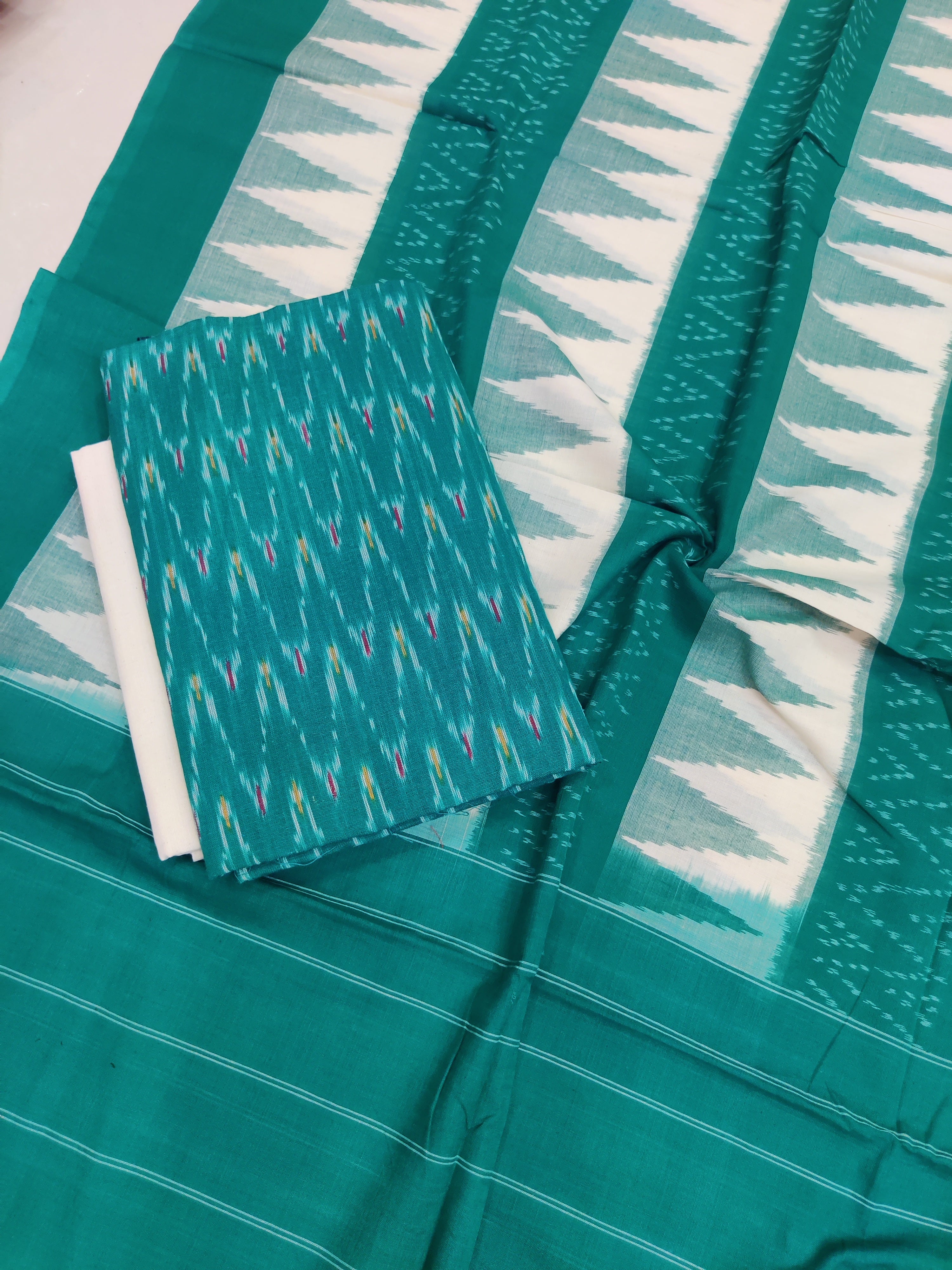 Green - 3PC HANDLOOM POCHAMPALLY DOUBLE  IKAT DUPATTA COTTON DRESS MATERIAL 17