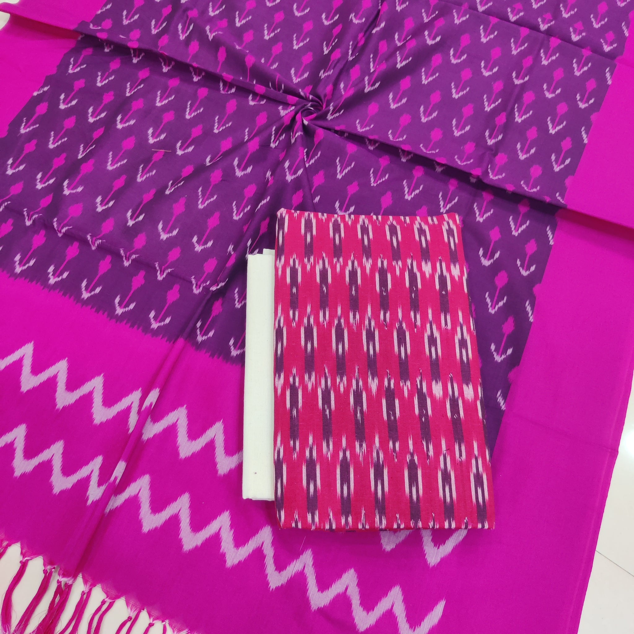 Pink - 3PC HANDLOOM POCHAMPALLY DOUBLE  IKAT DUPATTA COTTON DRESS MATERIAL 18