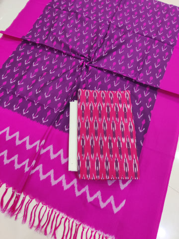 Pink - 3PC HANDLOOM POCHAMPALLY DOUBLE  IKAT DUPATTA COTTON DRESS MATERIAL 18
