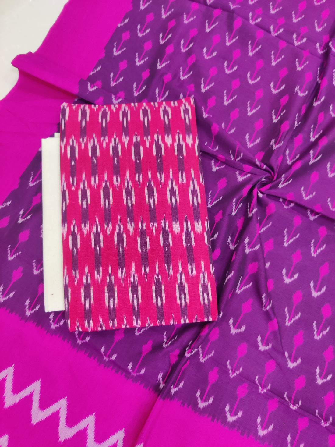 Pink - 3PC HANDLOOM POCHAMPALLY DOUBLE  IKAT DUPATTA COTTON DRESS MATERIAL 18