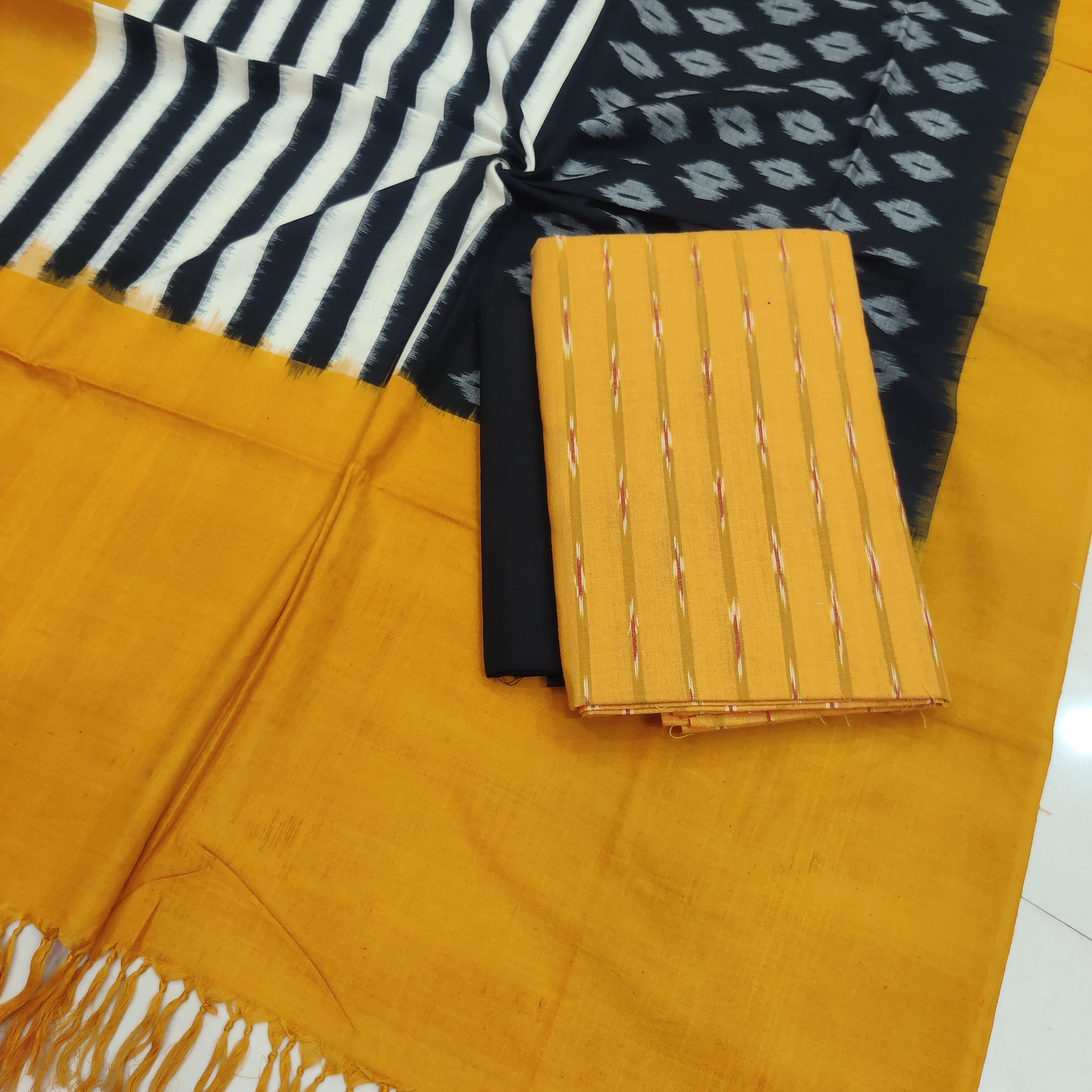 Yellow - 3PC HANDLOOM POCHAMPALLY DOUBLE  IKAT DUPATTA COTTON DRESS MATERIAL 19