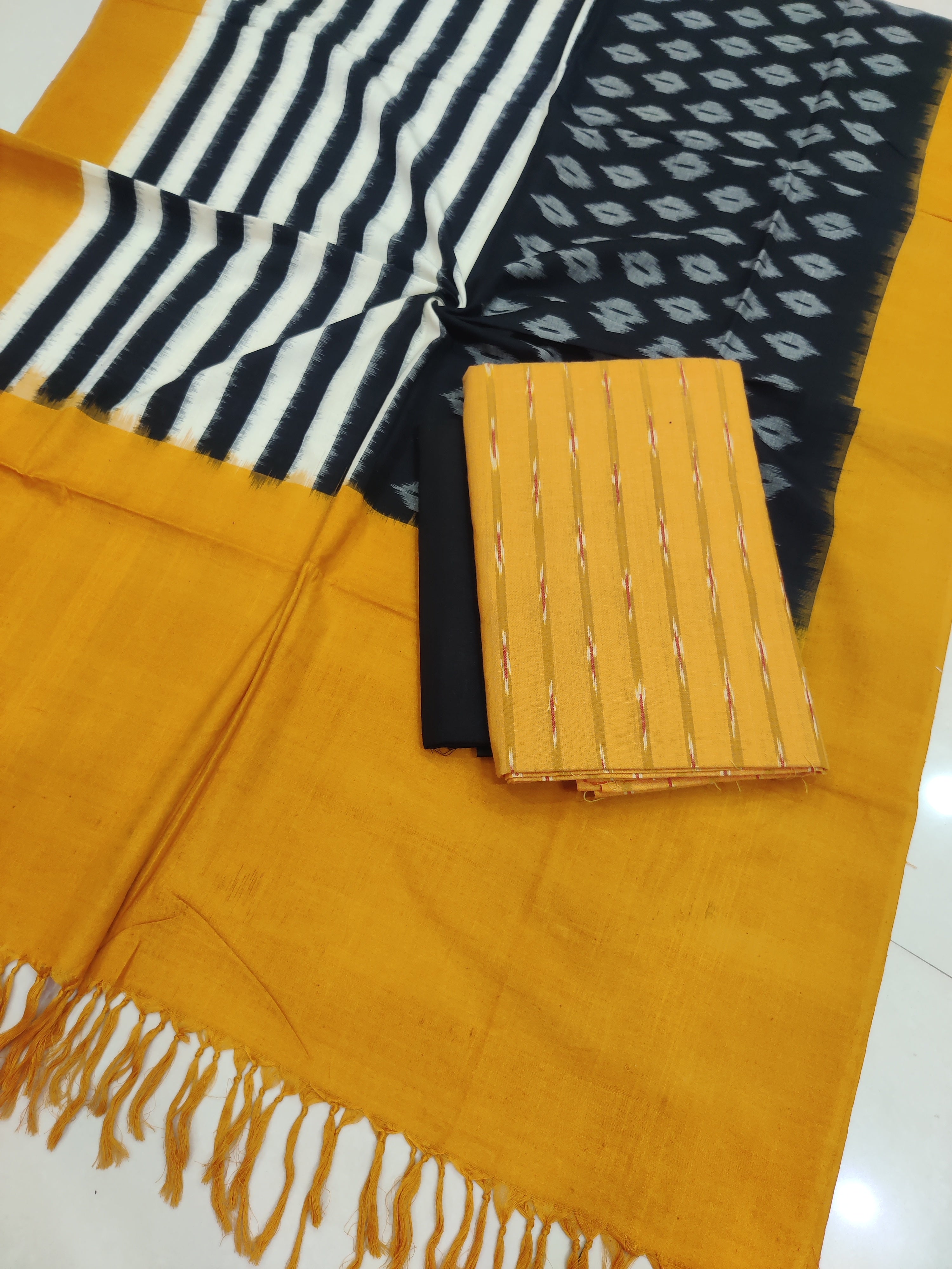 Yellow - 3PC HANDLOOM POCHAMPALLY DOUBLE  IKAT DUPATTA COTTON DRESS MATERIAL 19