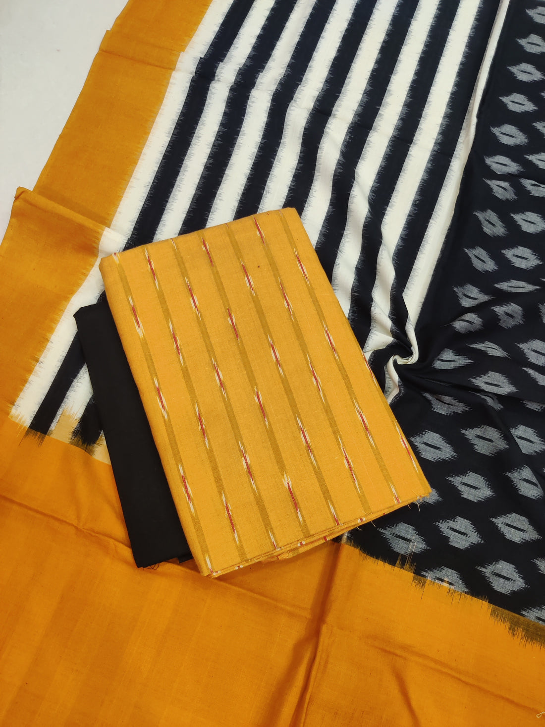 Yellow - 3PC HANDLOOM POCHAMPALLY DOUBLE  IKAT DUPATTA COTTON DRESS MATERIAL 19