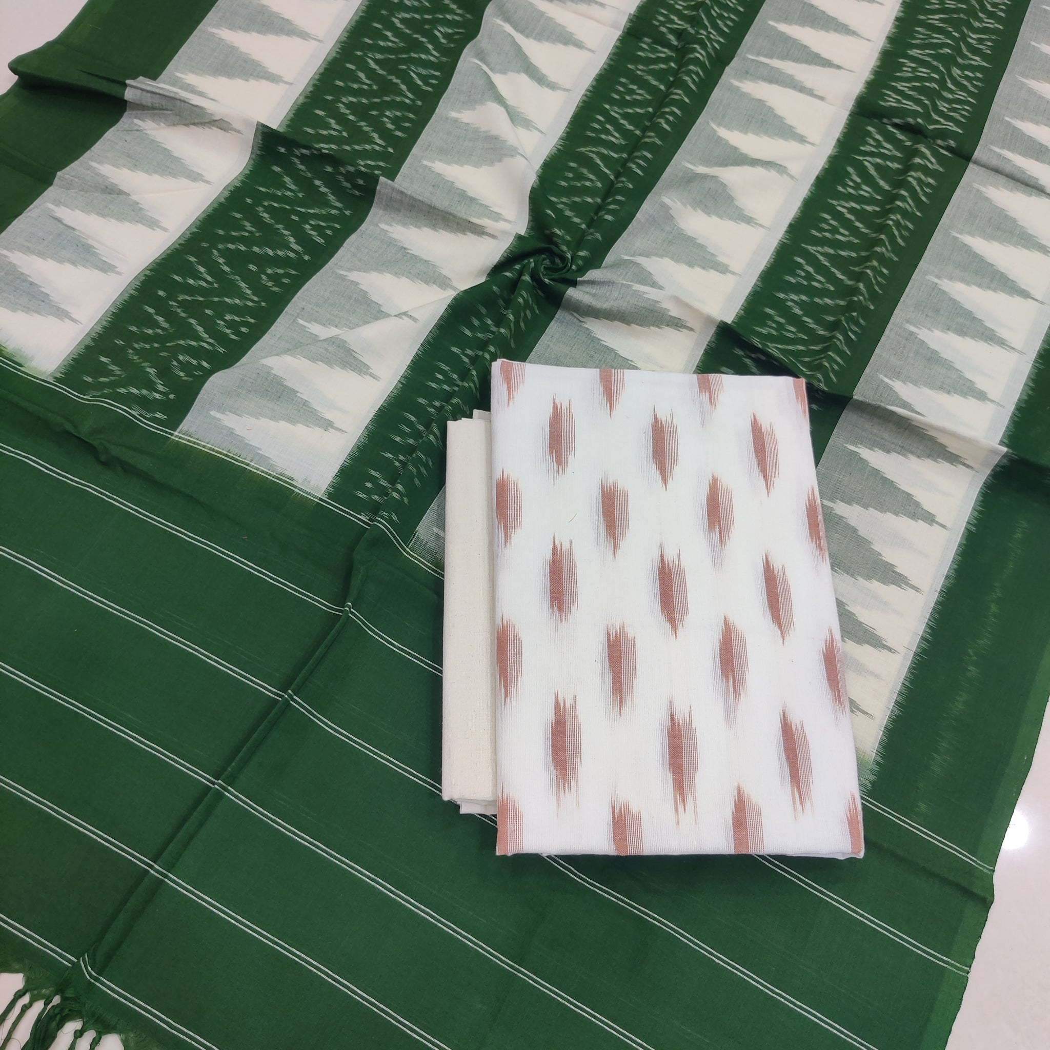 Green - 3PC HANDLOOM POCHAMPALLY DOUBLE  IKAT DUPATTA COTTON DRESS MATERIAL 20