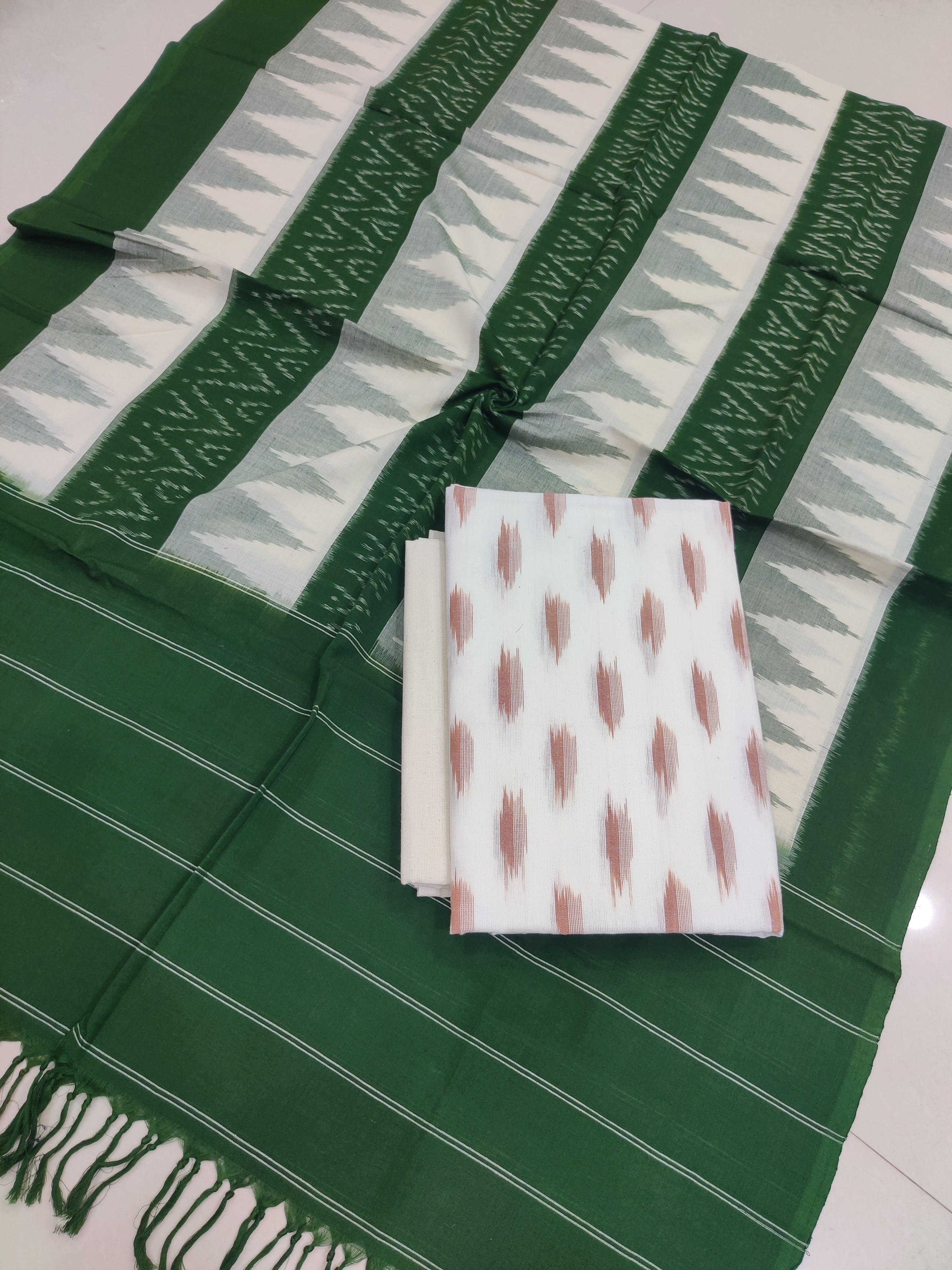 Green - 3PC HANDLOOM POCHAMPALLY DOUBLE  IKAT DUPATTA COTTON DRESS MATERIAL 20