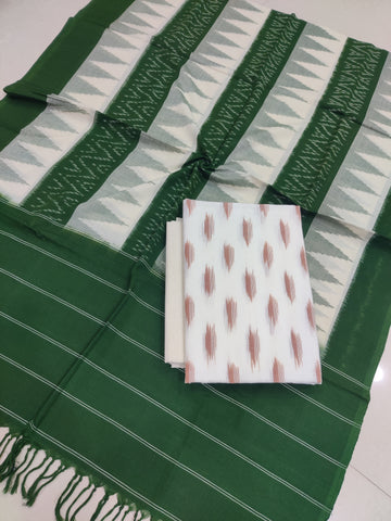 Green - 3PC HANDLOOM POCHAMPALLY DOUBLE  IKAT DUPATTA COTTON DRESS MATERIAL 20