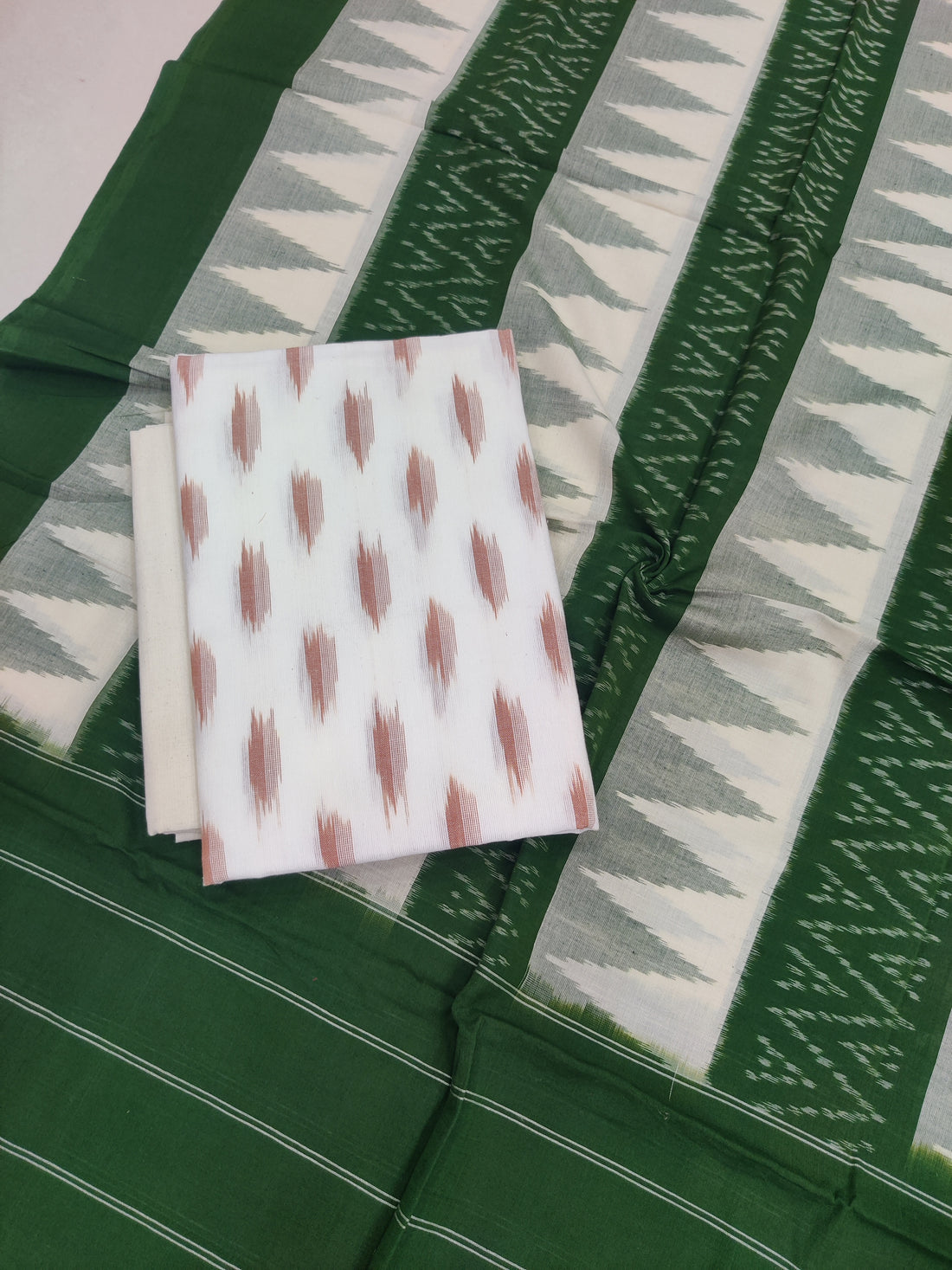 Green - 3PC HANDLOOM POCHAMPALLY DOUBLE  IKAT DUPATTA COTTON DRESS MATERIAL 20