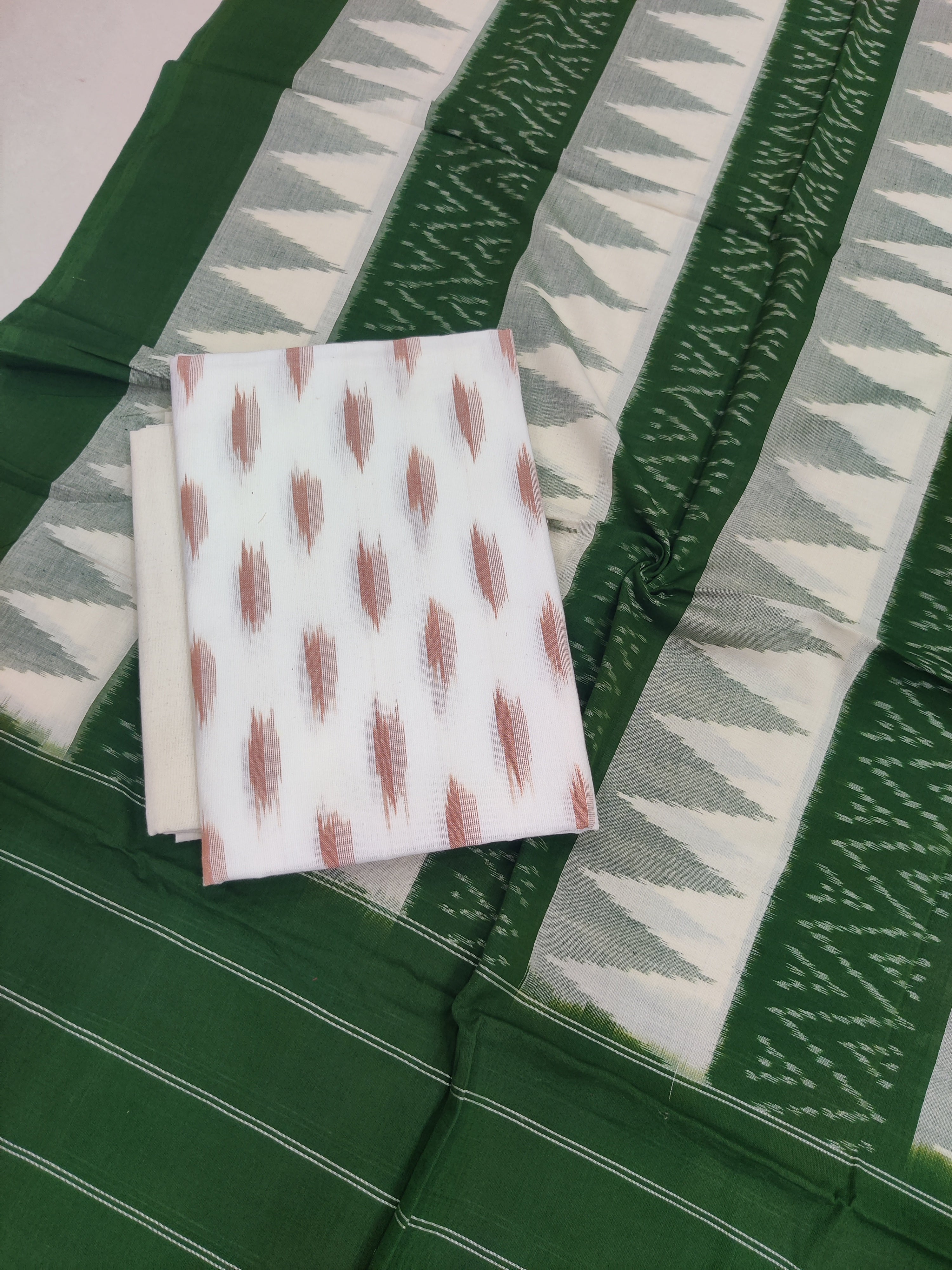 Green - 3PC HANDLOOM POCHAMPALLY DOUBLE  IKAT DUPATTA COTTON DRESS MATERIAL 20