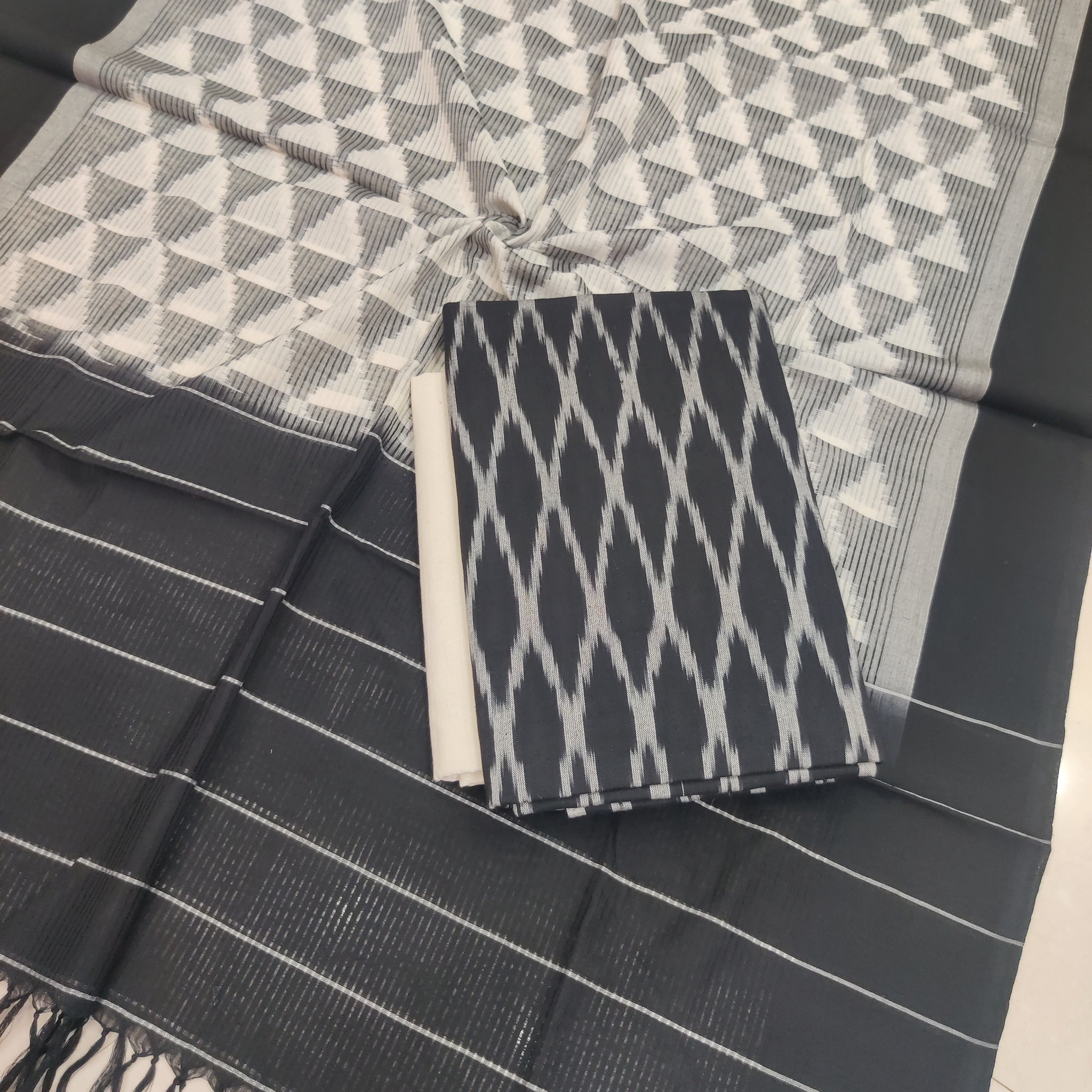 Black - 3PC HANDLOOM POCHAMPALLY DOUBLE  IKAT DUPATTA COTTON DRESS MATERIAL 30