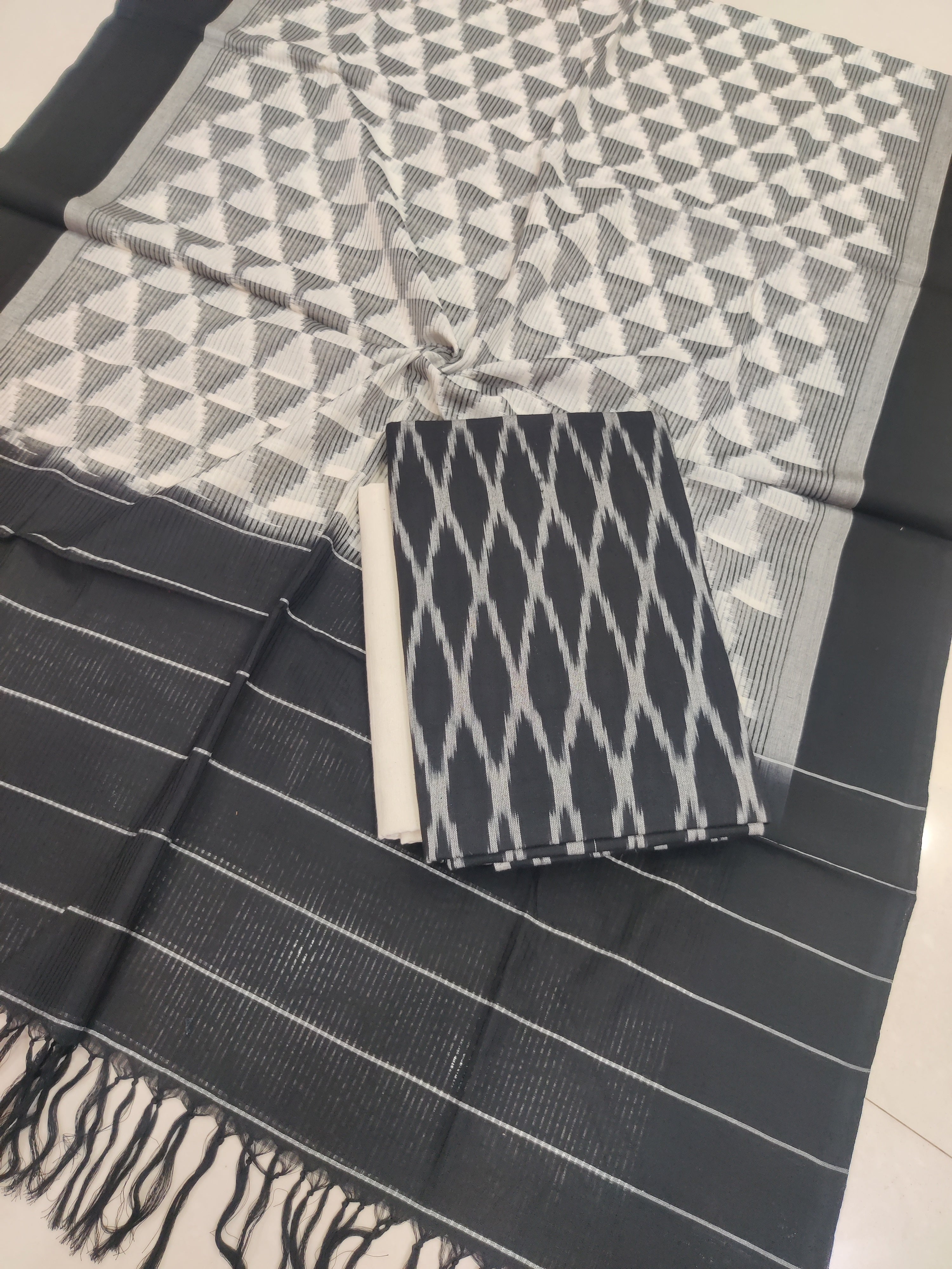 Black - 3PC HANDLOOM POCHAMPALLY DOUBLE  IKAT DUPATTA COTTON DRESS MATERIAL 30