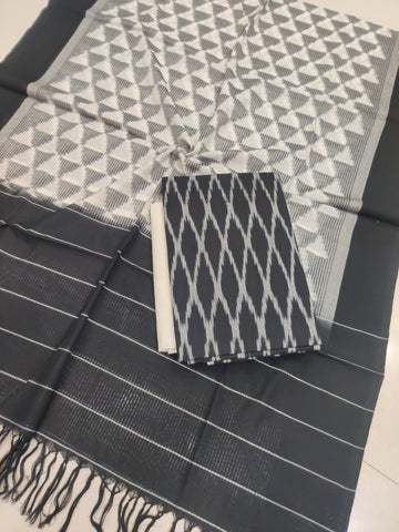 Black - 3PC HANDLOOM POCHAMPALLY DOUBLE  IKAT DUPATTA COTTON DRESS MATERIAL 30