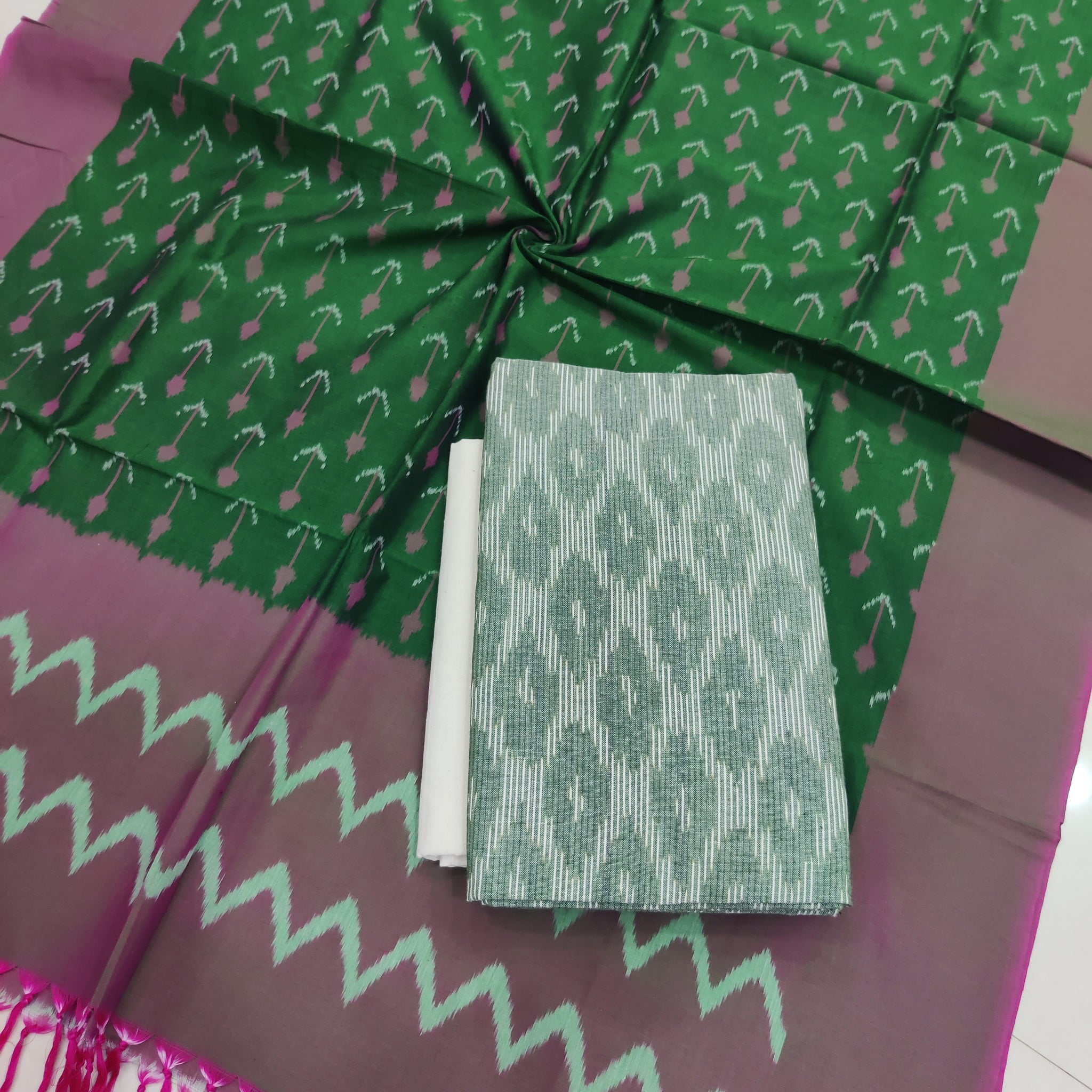 Green- 3PC HANDLOOM POCHAMPALLY DOUBLE  IKAT DUPATTA COTTON DRESS MATERIAL 32