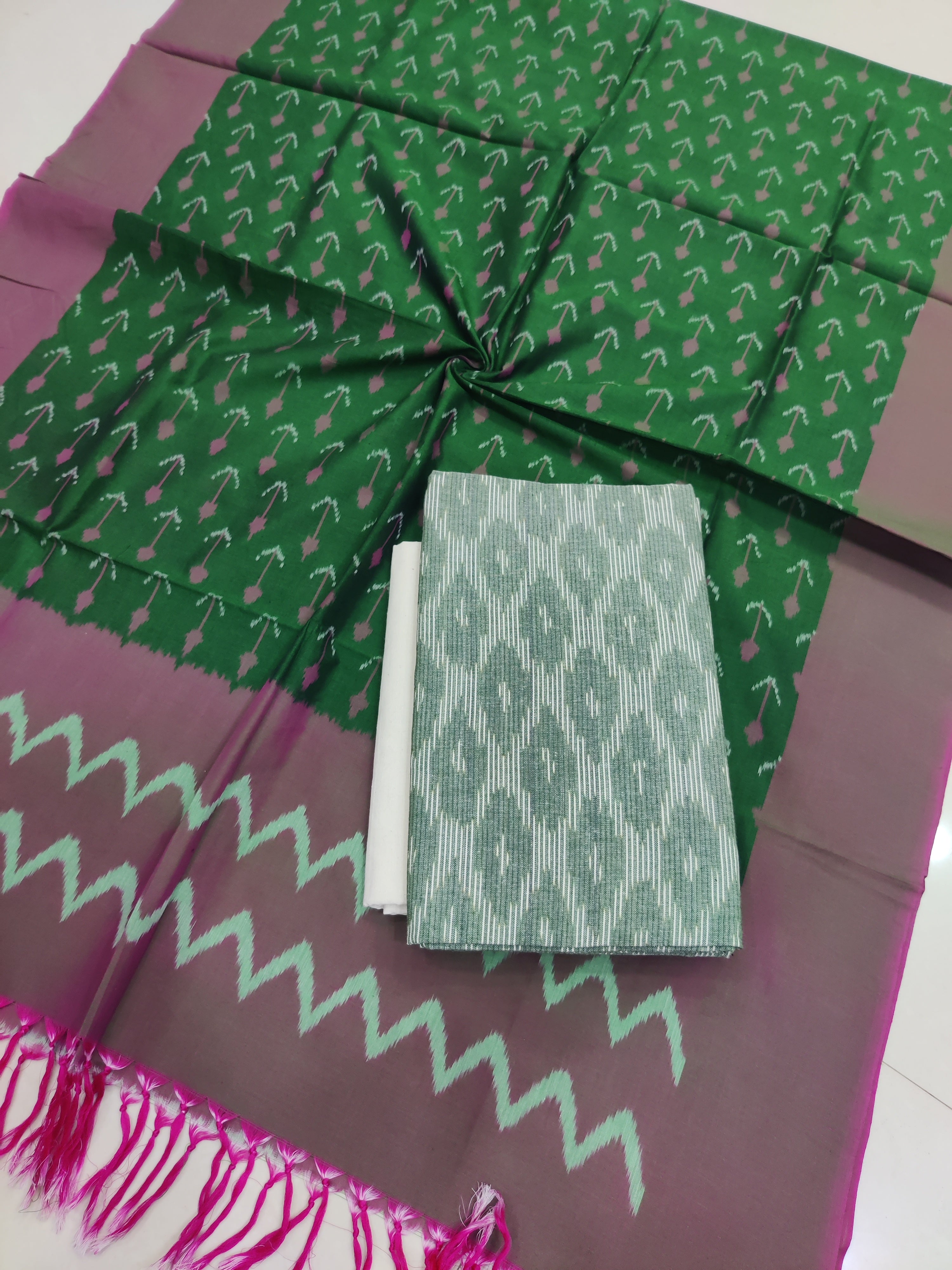 Green- 3PC HANDLOOM POCHAMPALLY DOUBLE  IKAT DUPATTA COTTON DRESS MATERIAL 32