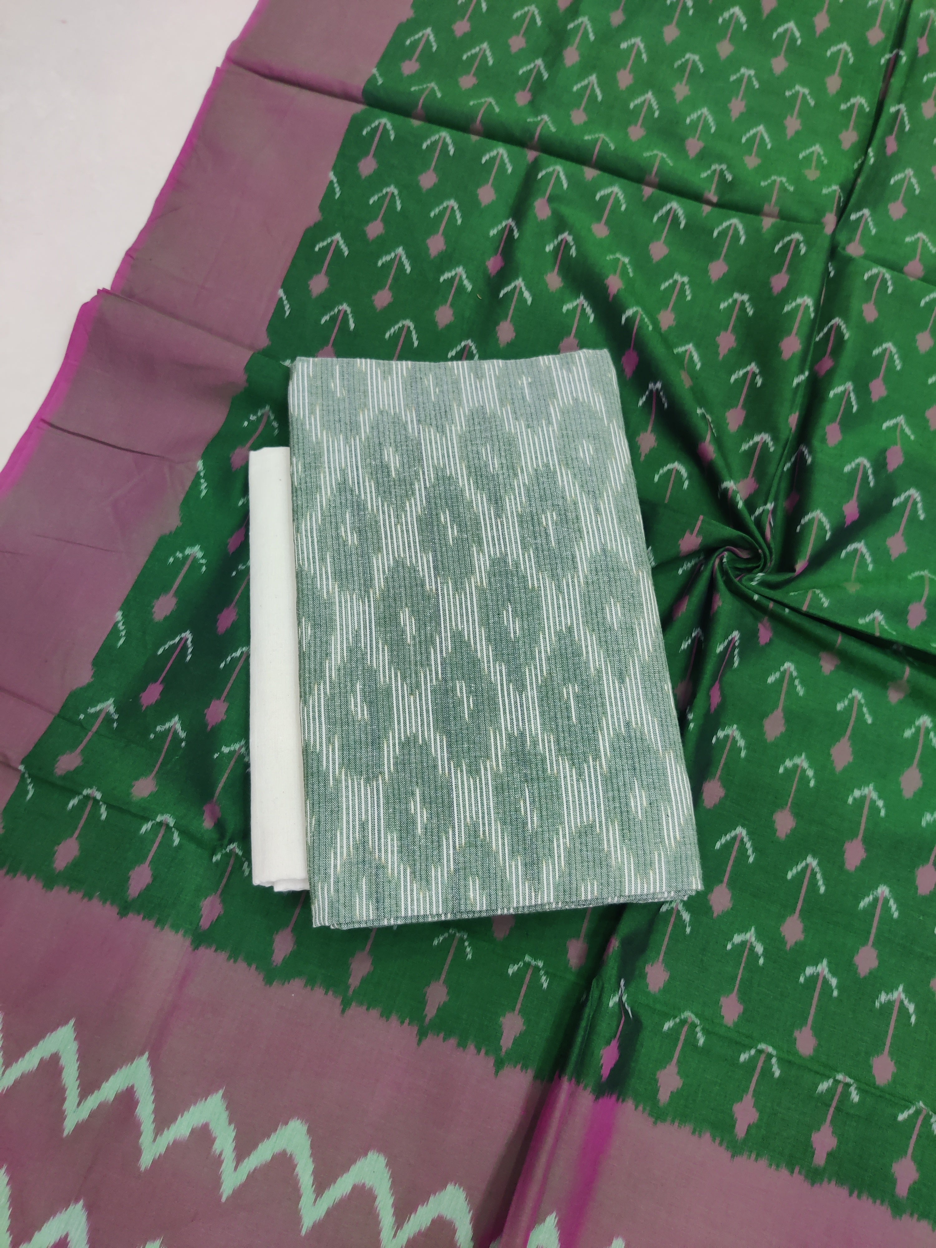 Green- 3PC HANDLOOM POCHAMPALLY DOUBLE  IKAT DUPATTA COTTON DRESS MATERIAL 32