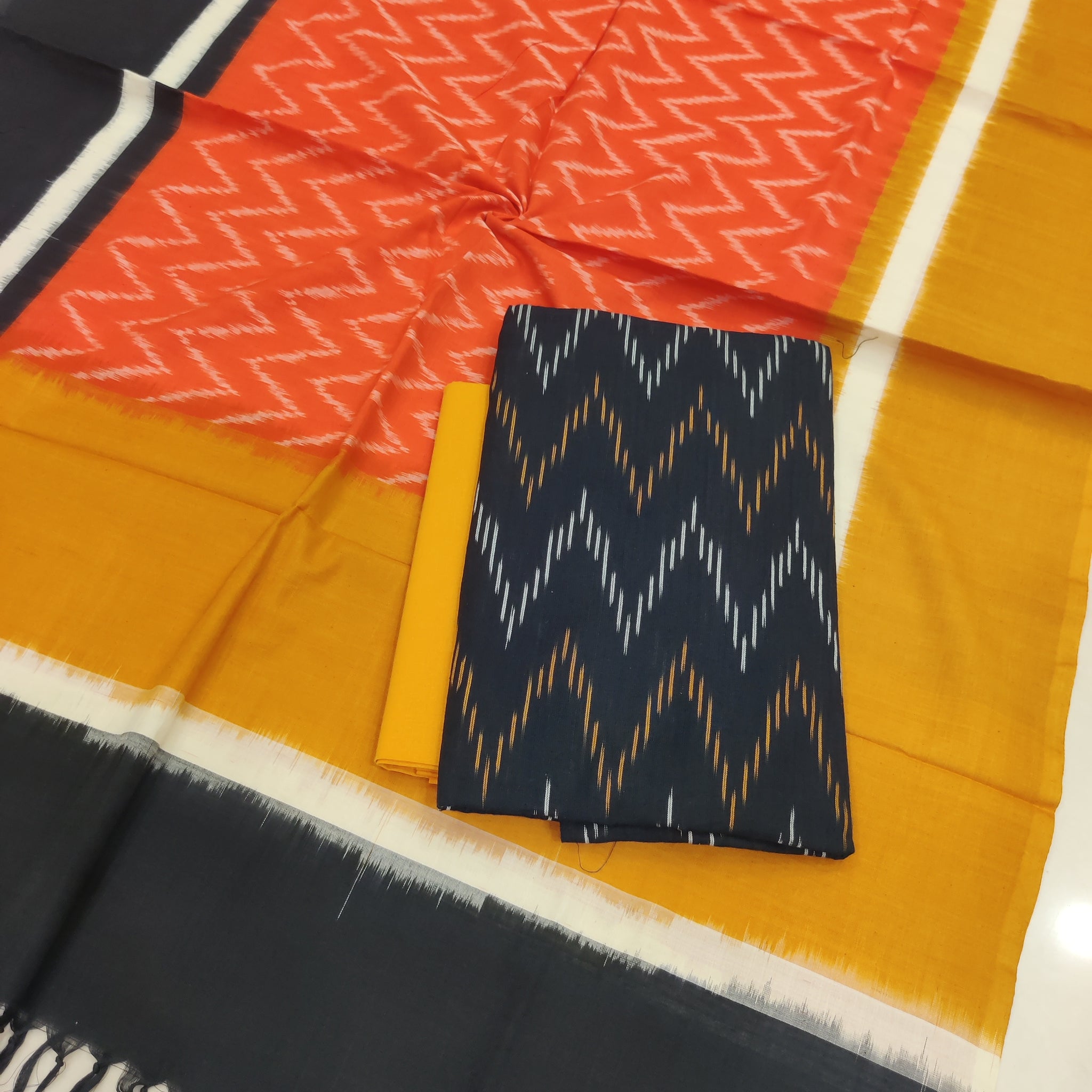 Yellow - 3PC HANDLOOM POCHAMPALLY DOUBLE  IKAT DUPATTA COTTON DRESS MATERIAL 29