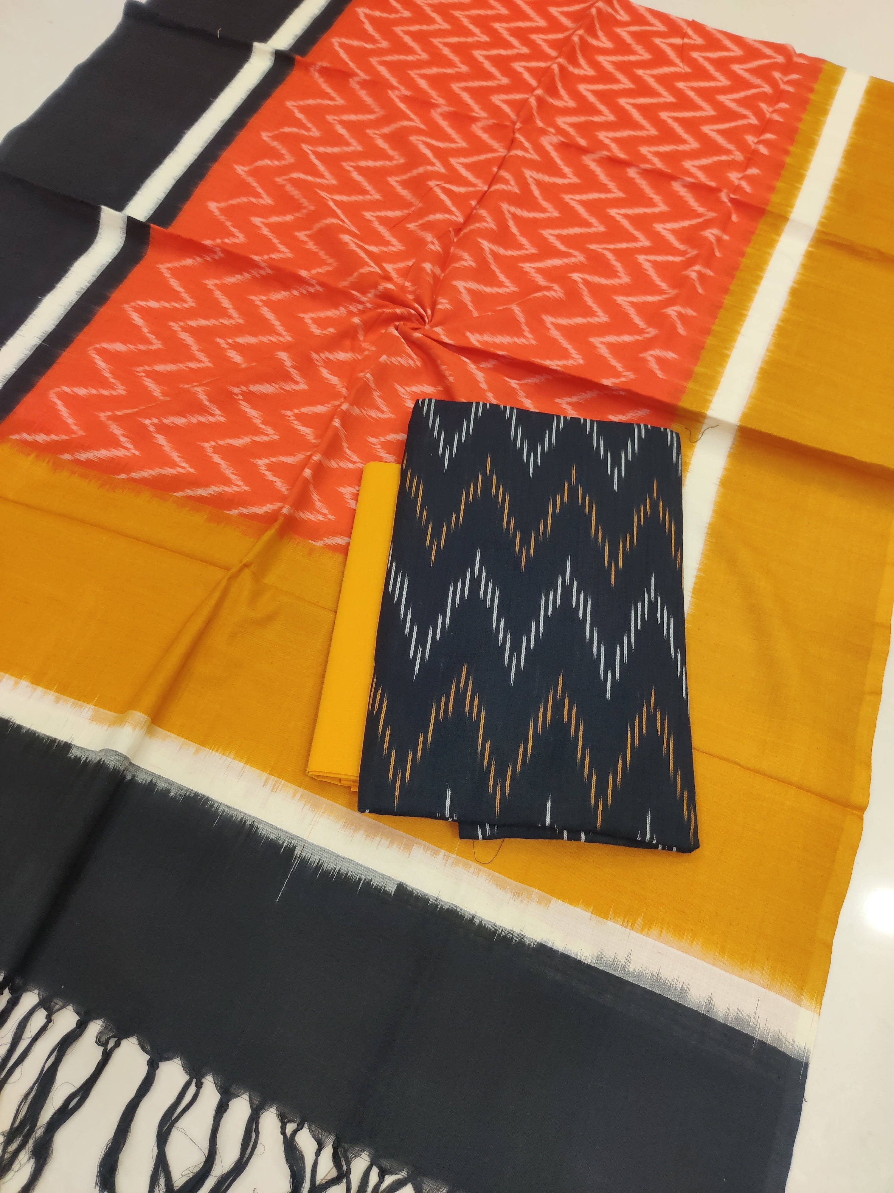 Yellow - 3PC HANDLOOM POCHAMPALLY DOUBLE  IKAT DUPATTA COTTON DRESS MATERIAL 29