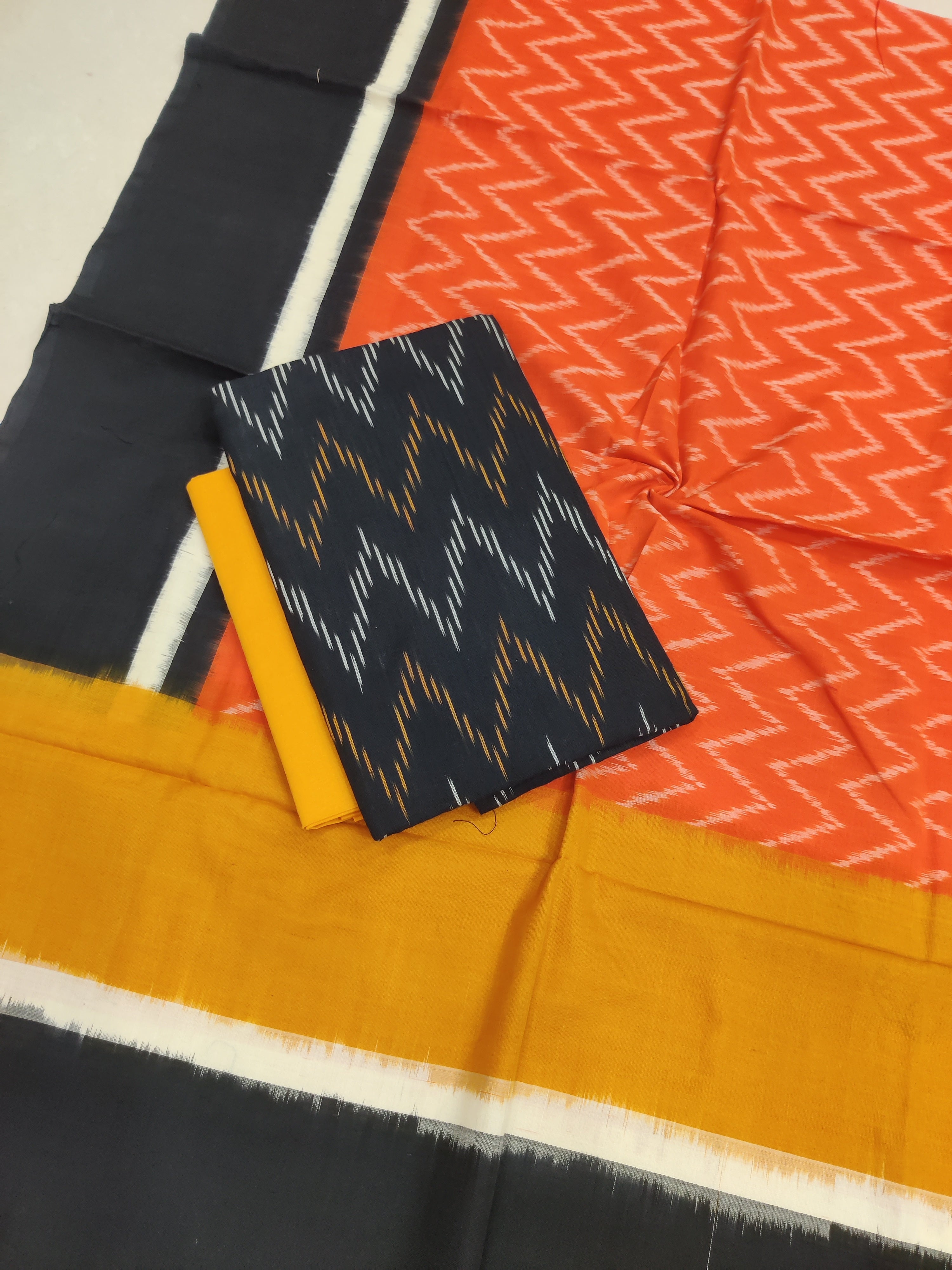 Yellow - 3PC HANDLOOM POCHAMPALLY DOUBLE  IKAT DUPATTA COTTON DRESS MATERIAL 29