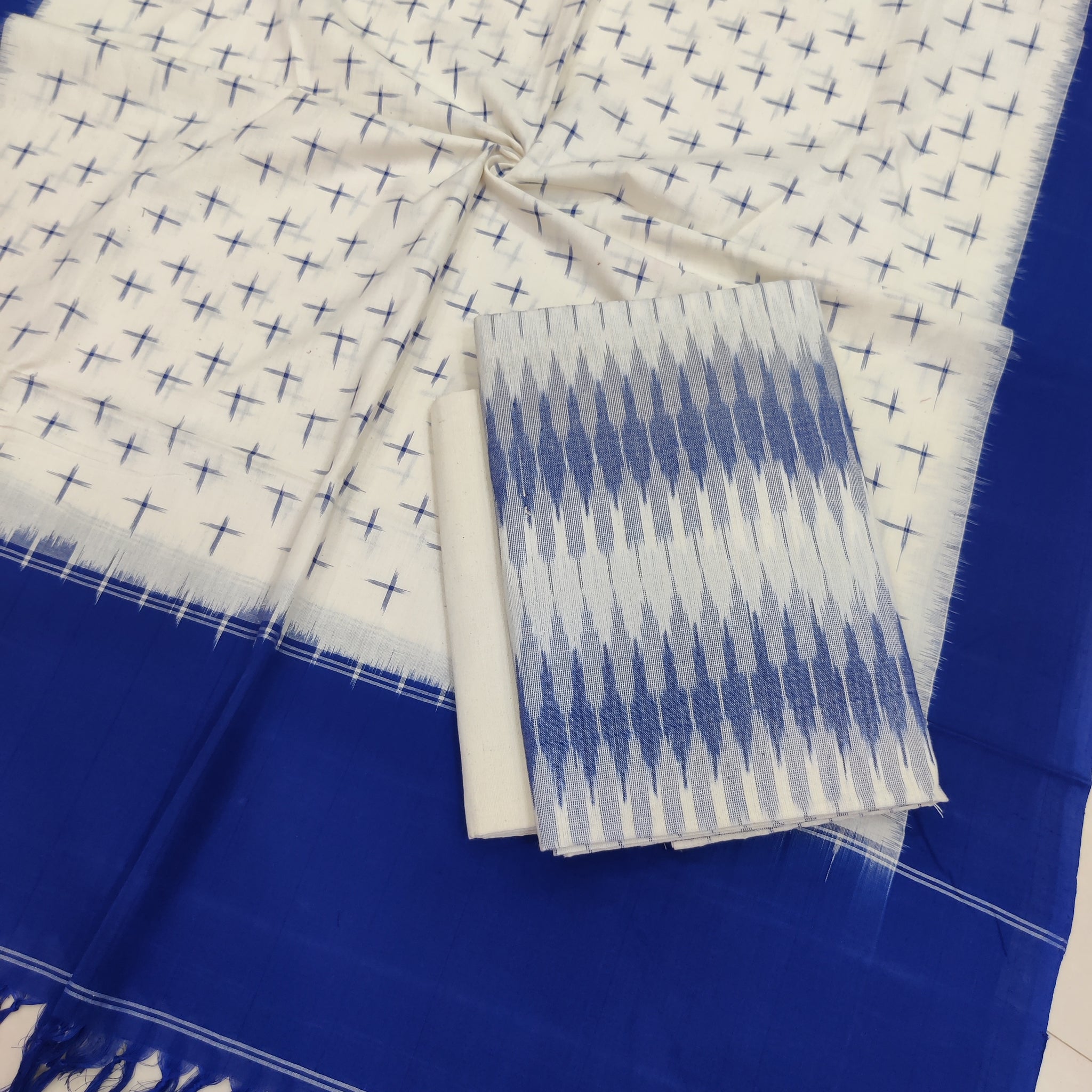 Blue - 3PC HANDLOOM POCHAMPALLY DOUBLE  IKAT DUPATTA COTTON DRESS MATERIAL 22