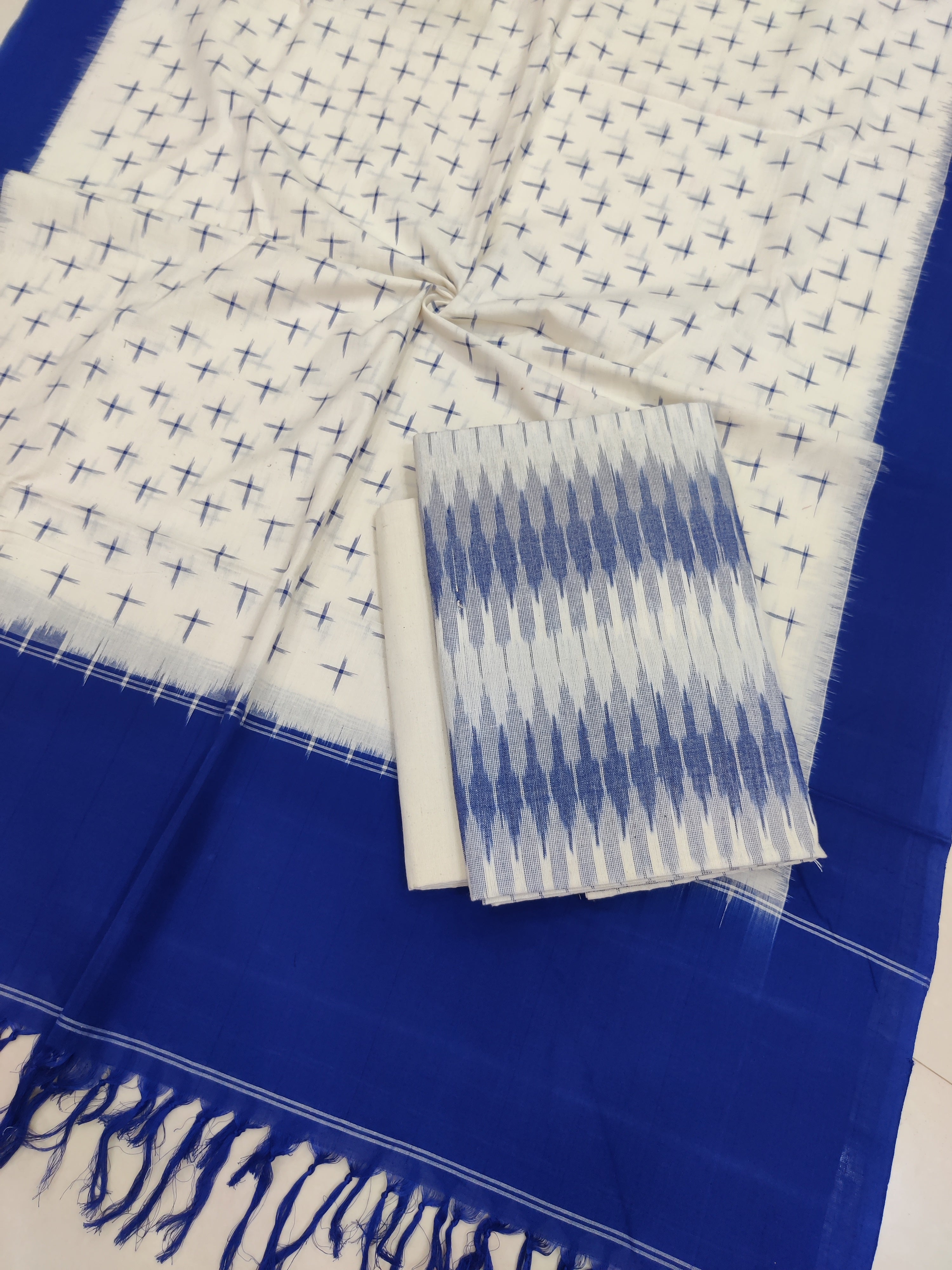 Blue - 3PC HANDLOOM POCHAMPALLY DOUBLE  IKAT DUPATTA COTTON DRESS MATERIAL 22