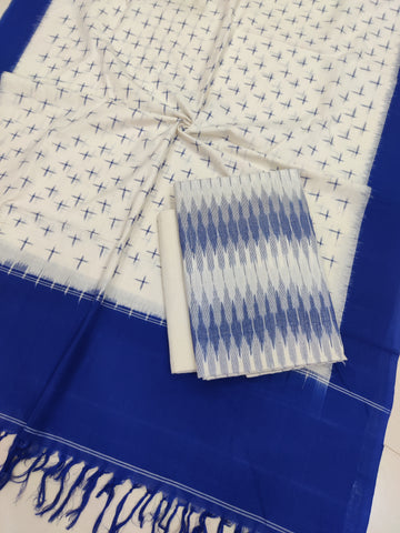 Blue - 3PC HANDLOOM POCHAMPALLY DOUBLE  IKAT DUPATTA COTTON DRESS MATERIAL 22