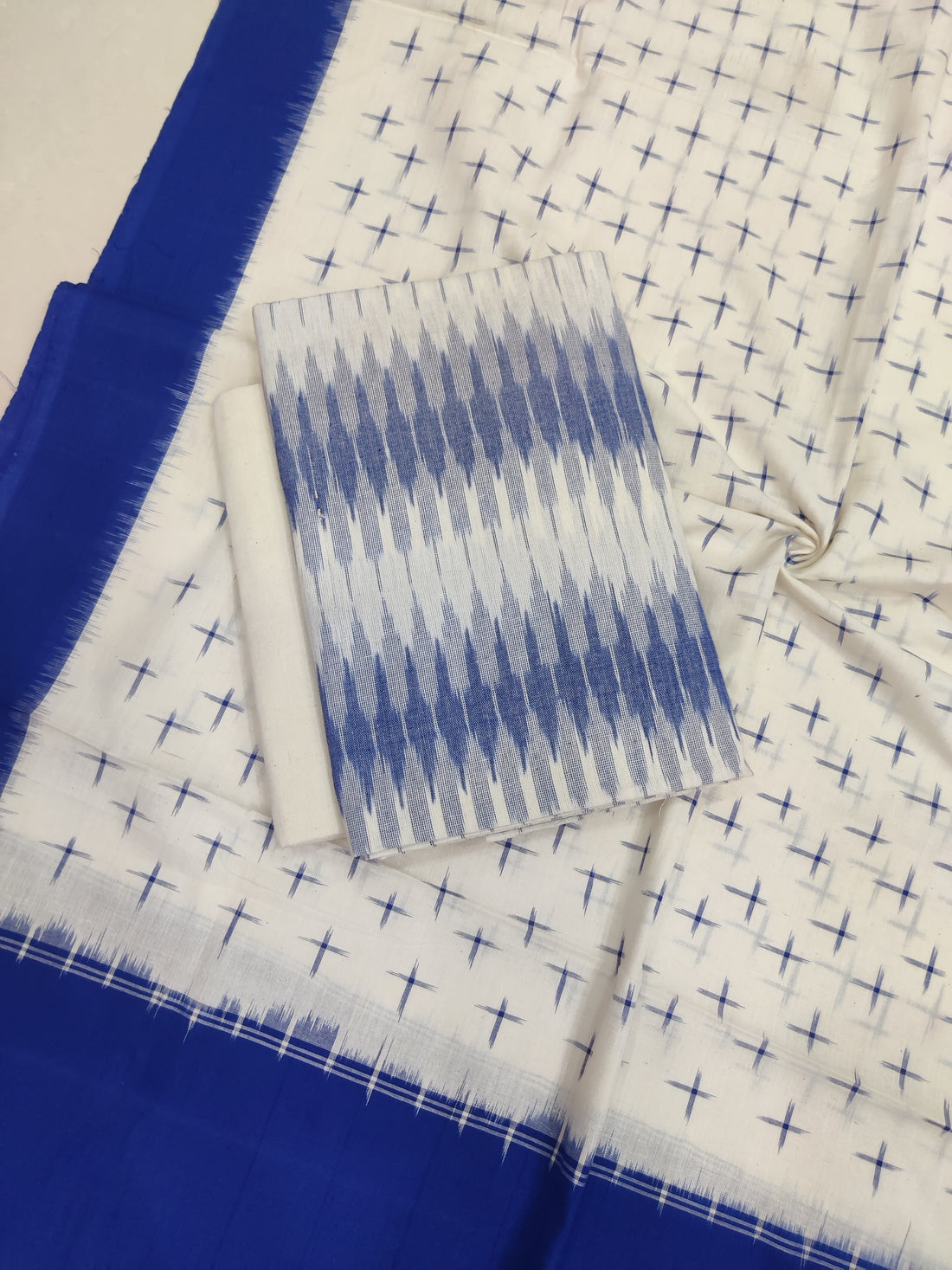 Blue - 3PC HANDLOOM POCHAMPALLY DOUBLE  IKAT DUPATTA COTTON DRESS MATERIAL 22