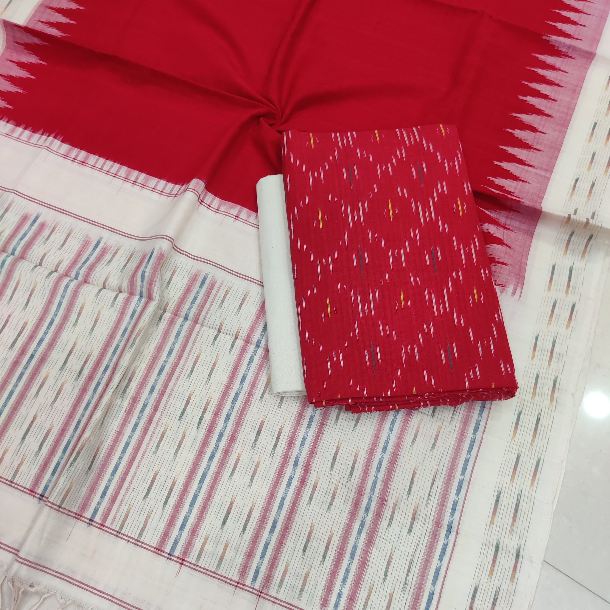 Red - 3PC HANDLOOM POCHAMPALLY DOUBLE  IKAT DUPATTA COTTON DRESS MATERIAL 33