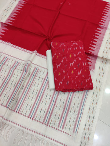 Red - 3PC HANDLOOM POCHAMPALLY DOUBLE  IKAT DUPATTA COTTON DRESS MATERIAL 33