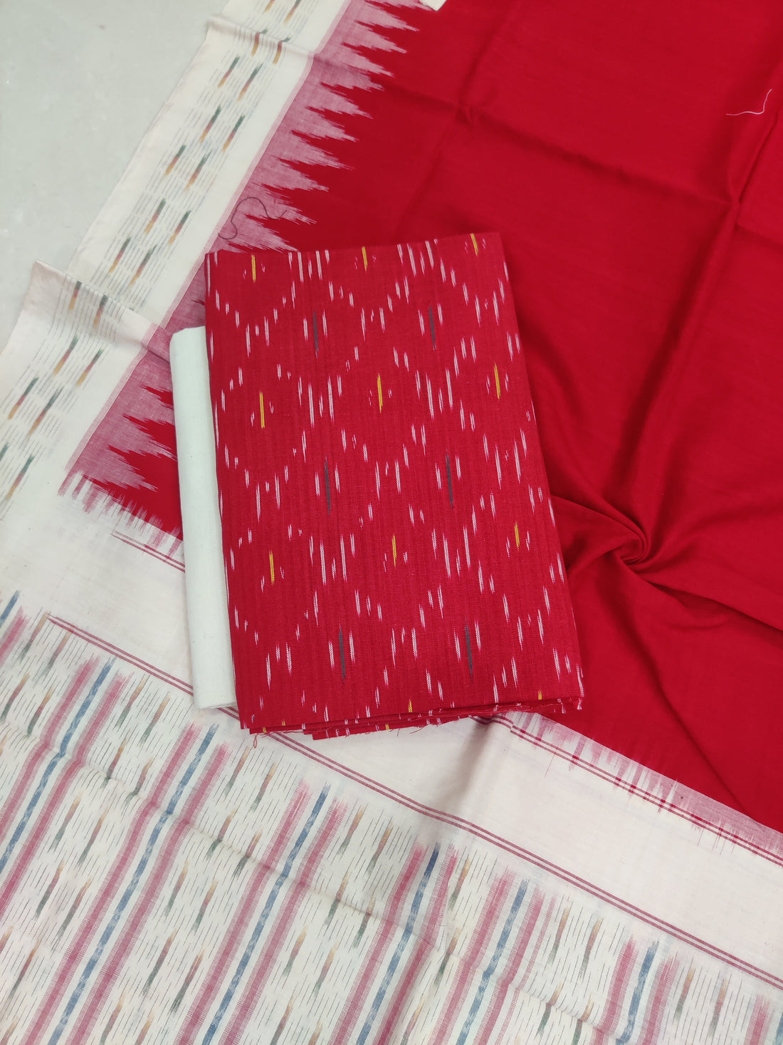 Red - 3PC HANDLOOM POCHAMPALLY DOUBLE  IKAT DUPATTA COTTON DRESS MATERIAL 33