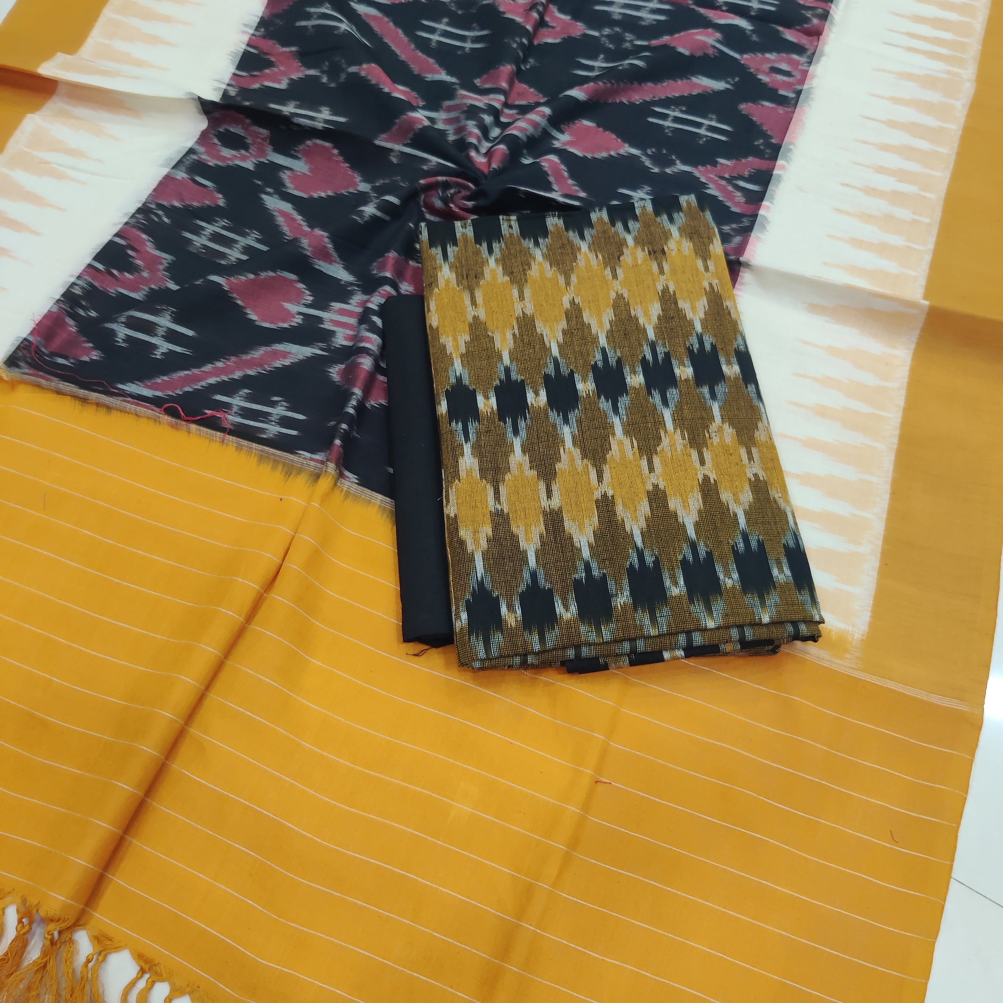 Yellow - 3PC HANDLOOM POCHAMPALLY DOUBLE  IKAT DUPATTA COTTON DRESS MATERIAL 23