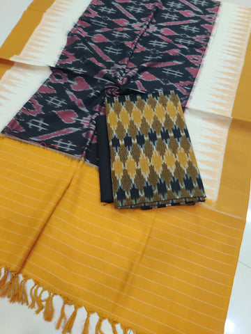 Yellow - 3PC HANDLOOM POCHAMPALLY DOUBLE  IKAT DUPATTA COTTON DRESS MATERIAL 23