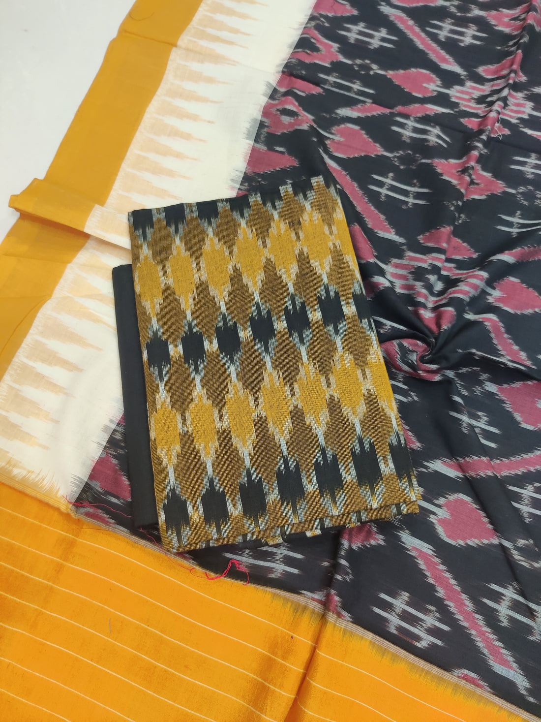 Yellow - 3PC HANDLOOM POCHAMPALLY DOUBLE  IKAT DUPATTA COTTON DRESS MATERIAL 23