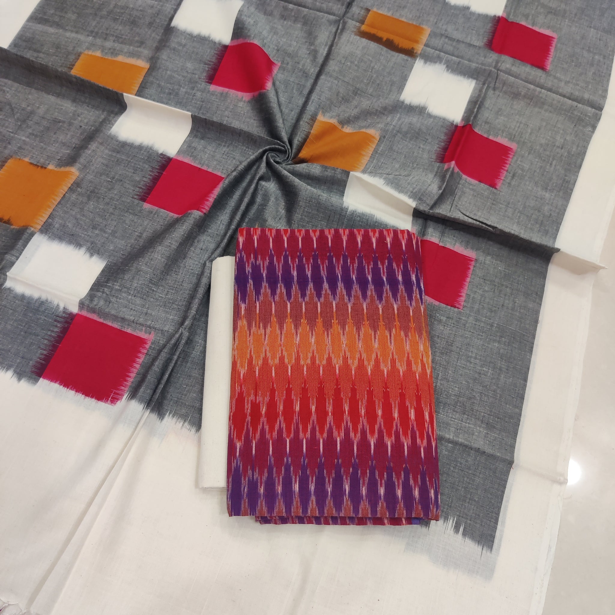 Gray - 3PC HANDLOOM POCHAMPALLY DOUBLE  IKAT DUPATTA COTTON DRESS MATERIAL 25