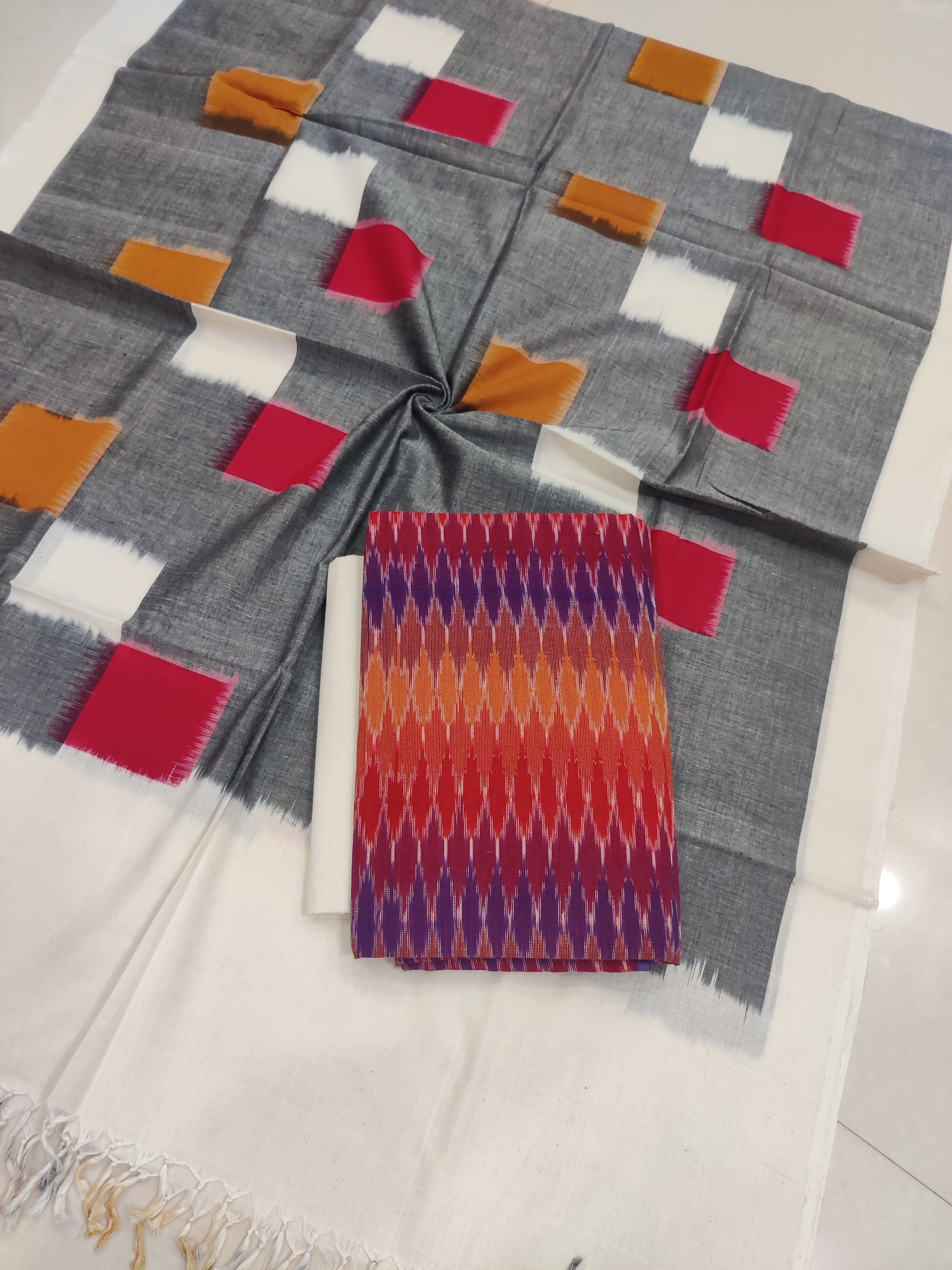 Gray - 3PC HANDLOOM POCHAMPALLY DOUBLE  IKAT DUPATTA COTTON DRESS MATERIAL 25