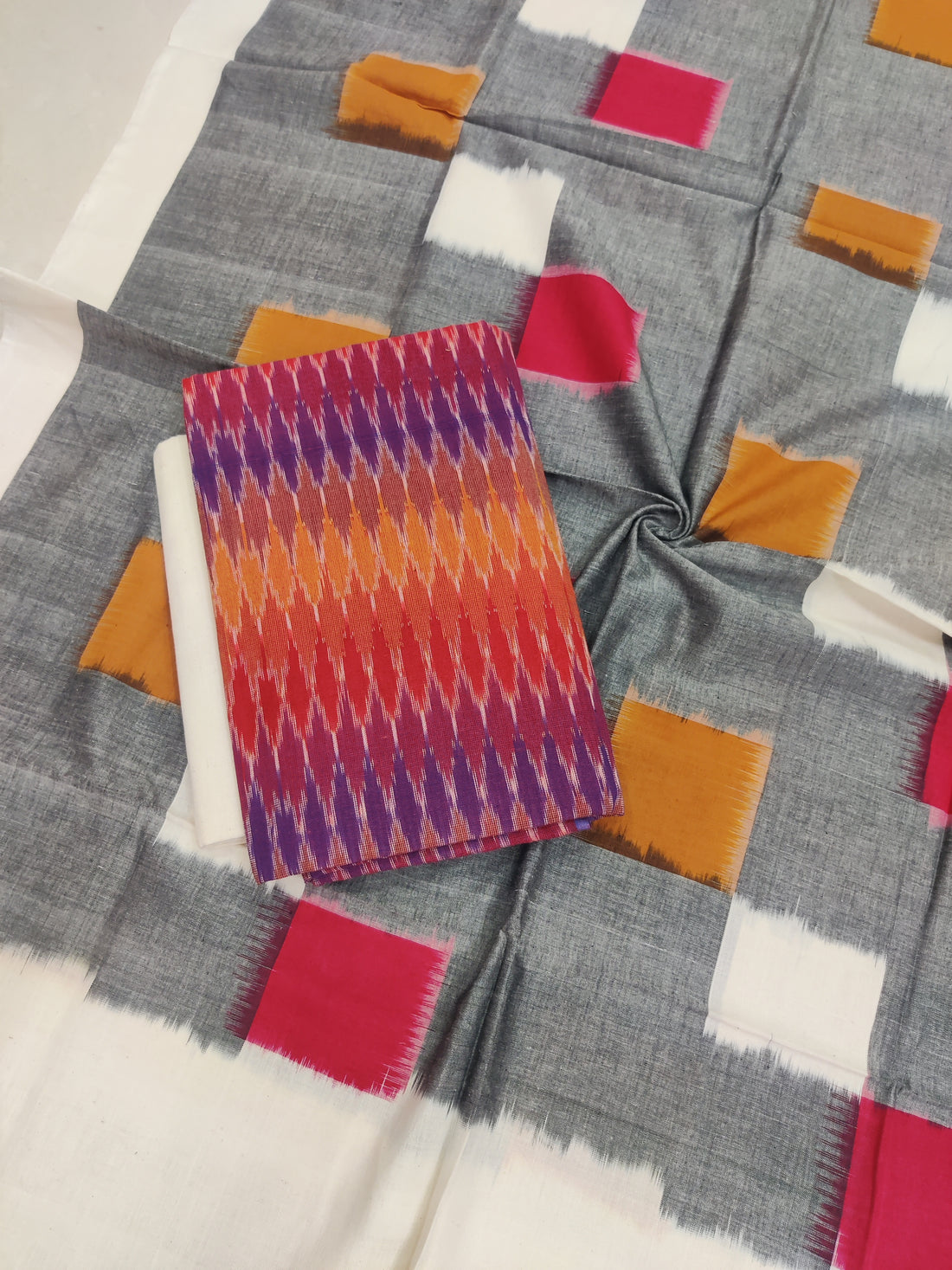 Gray - 3PC HANDLOOM POCHAMPALLY DOUBLE  IKAT DUPATTA COTTON DRESS MATERIAL 25