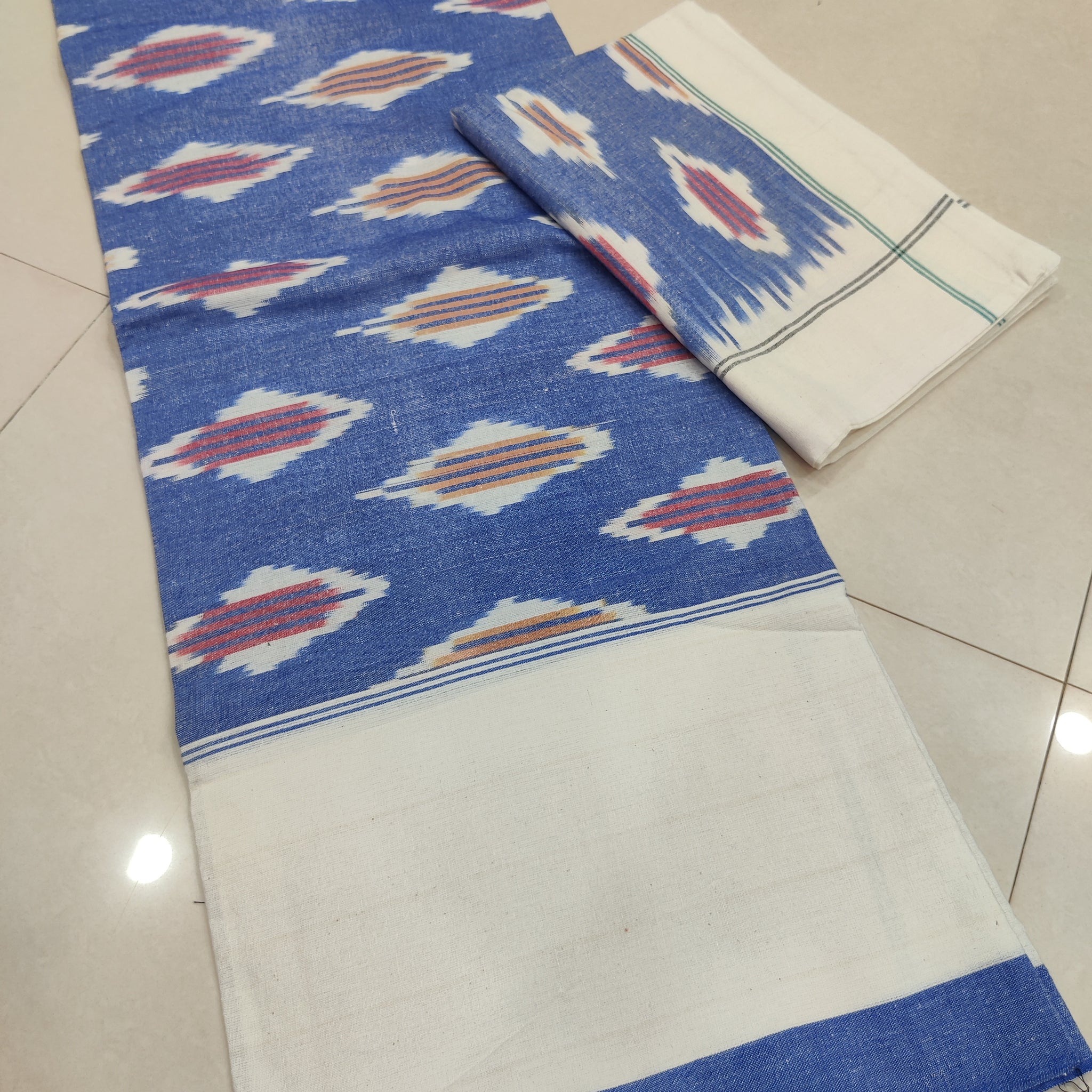 Blue - Premium Handloom Cotton Ikat Double Bedsheet (King Size 108 x 90 in) 11