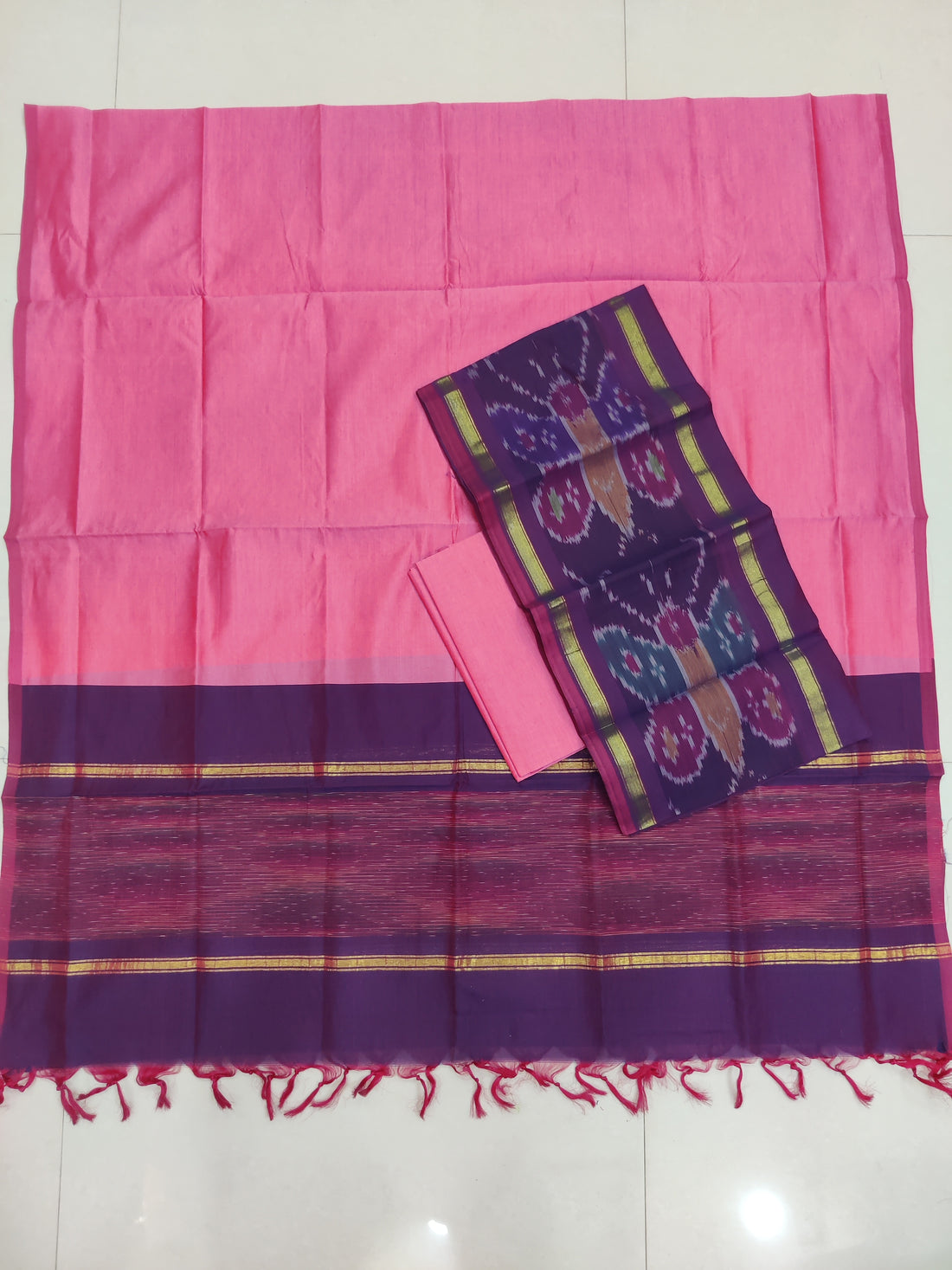 Pink - 3PC HANDLOOM SILK COTTON POCHAMPALLY IKAT DRESS MATERIAL SET 04