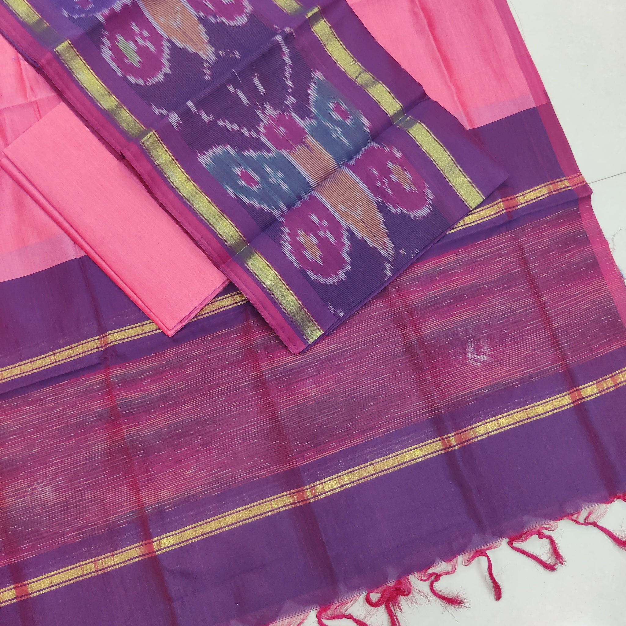Pink - 3PC HANDLOOM SILK COTTON POCHAMPALLY IKAT DRESS MATERIAL SET 04