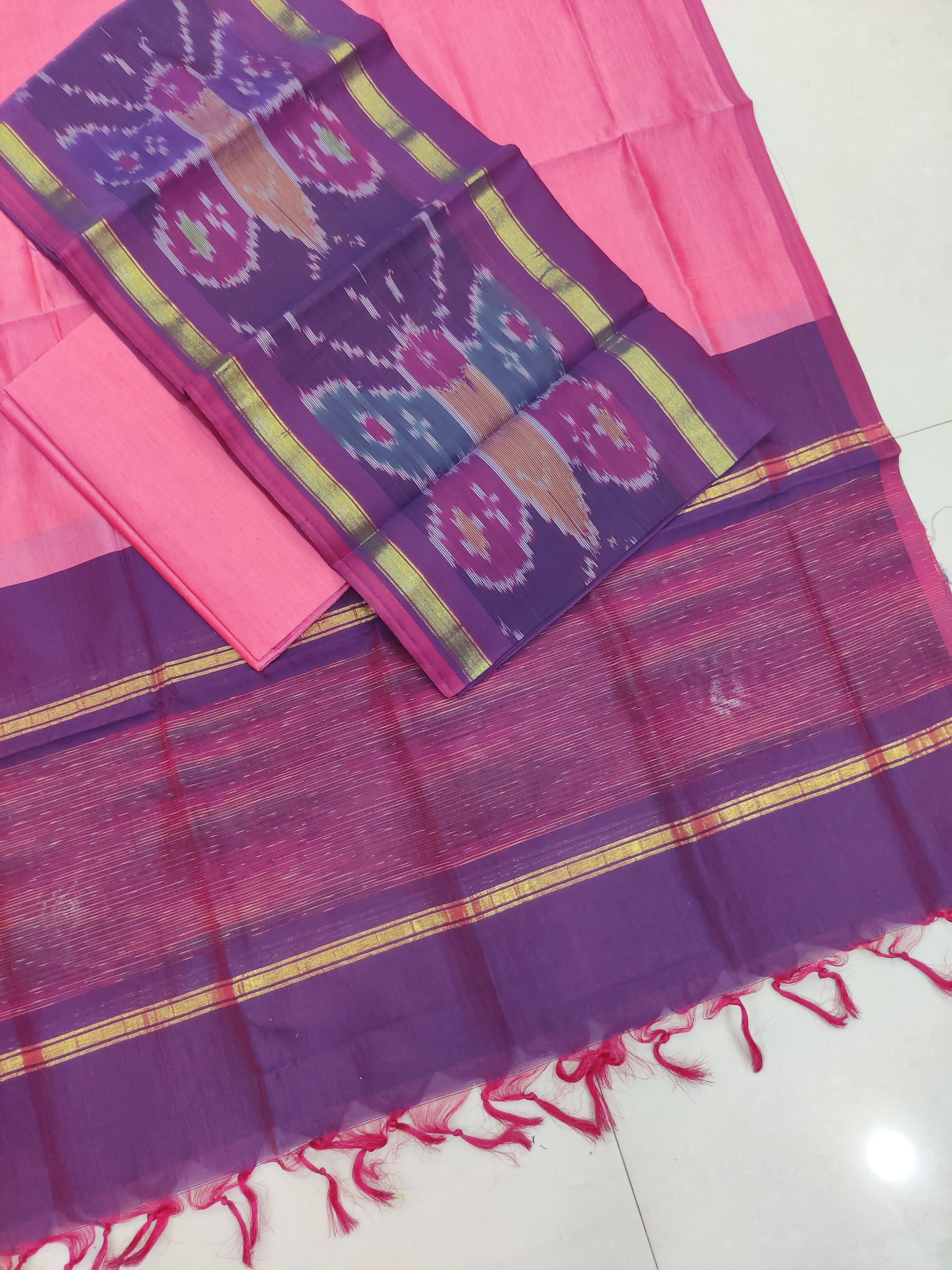 Pink - 3PC HANDLOOM SILK COTTON POCHAMPALLY IKAT DRESS MATERIAL SET 04