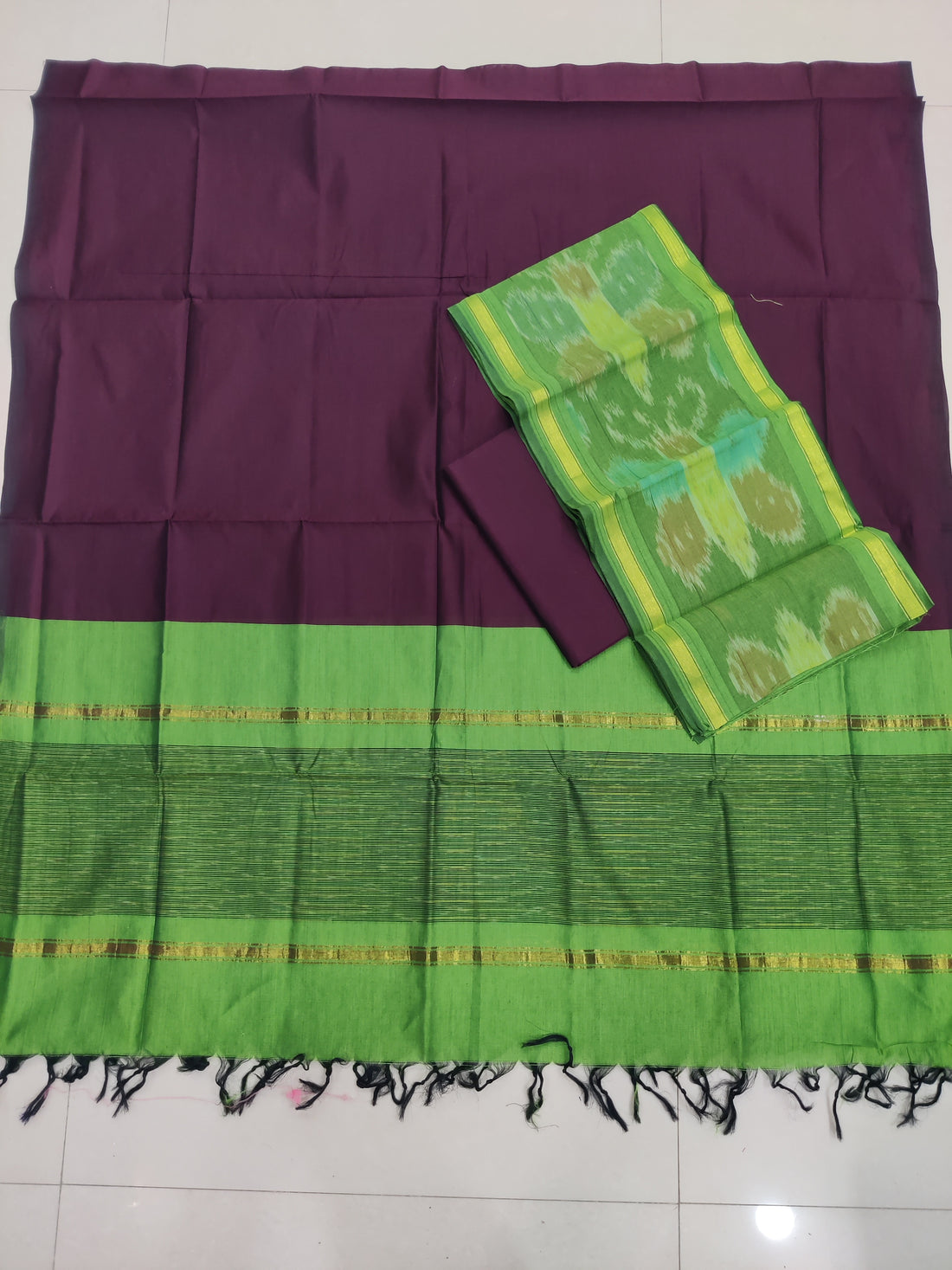 Green - 3PC HANDLOOM SILK COTTON POCHAMPALLY IKAT DRESS MATERIAL SET 03