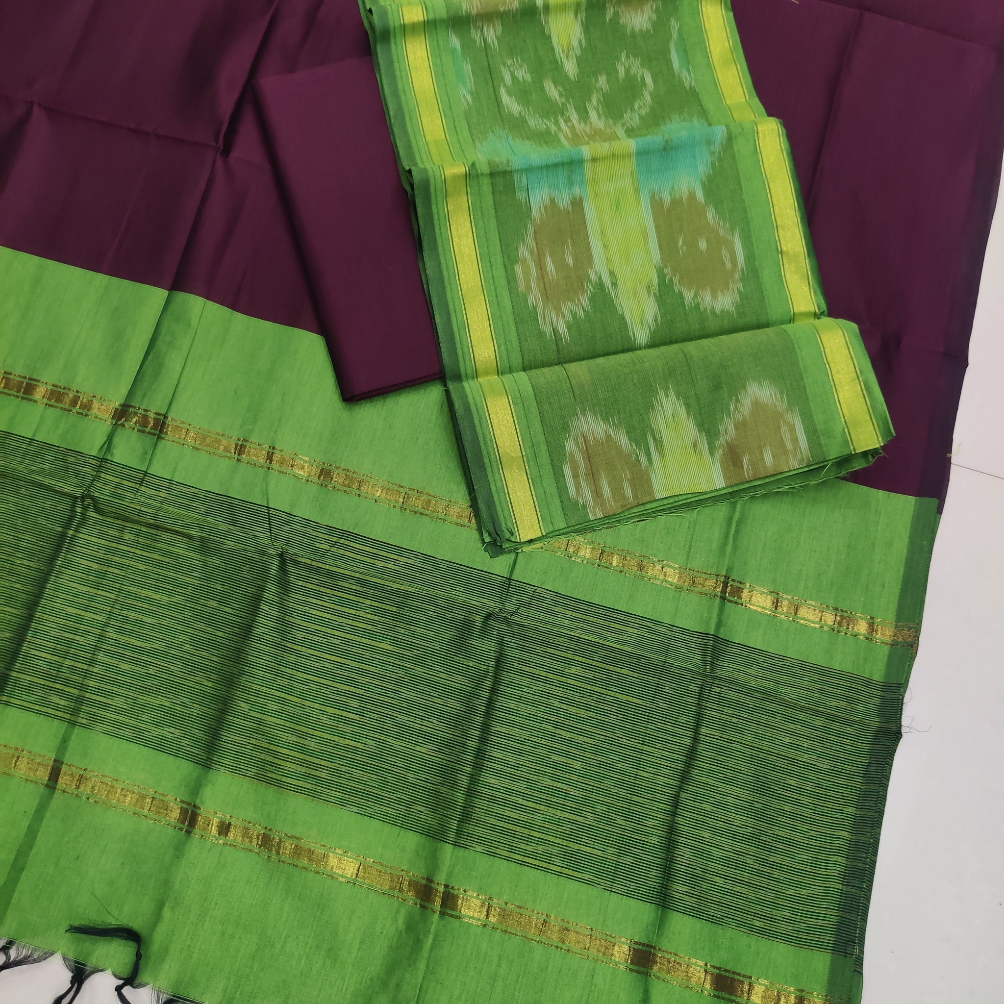 Green - 3PC HANDLOOM SILK COTTON POCHAMPALLY IKAT DRESS MATERIAL SET 03