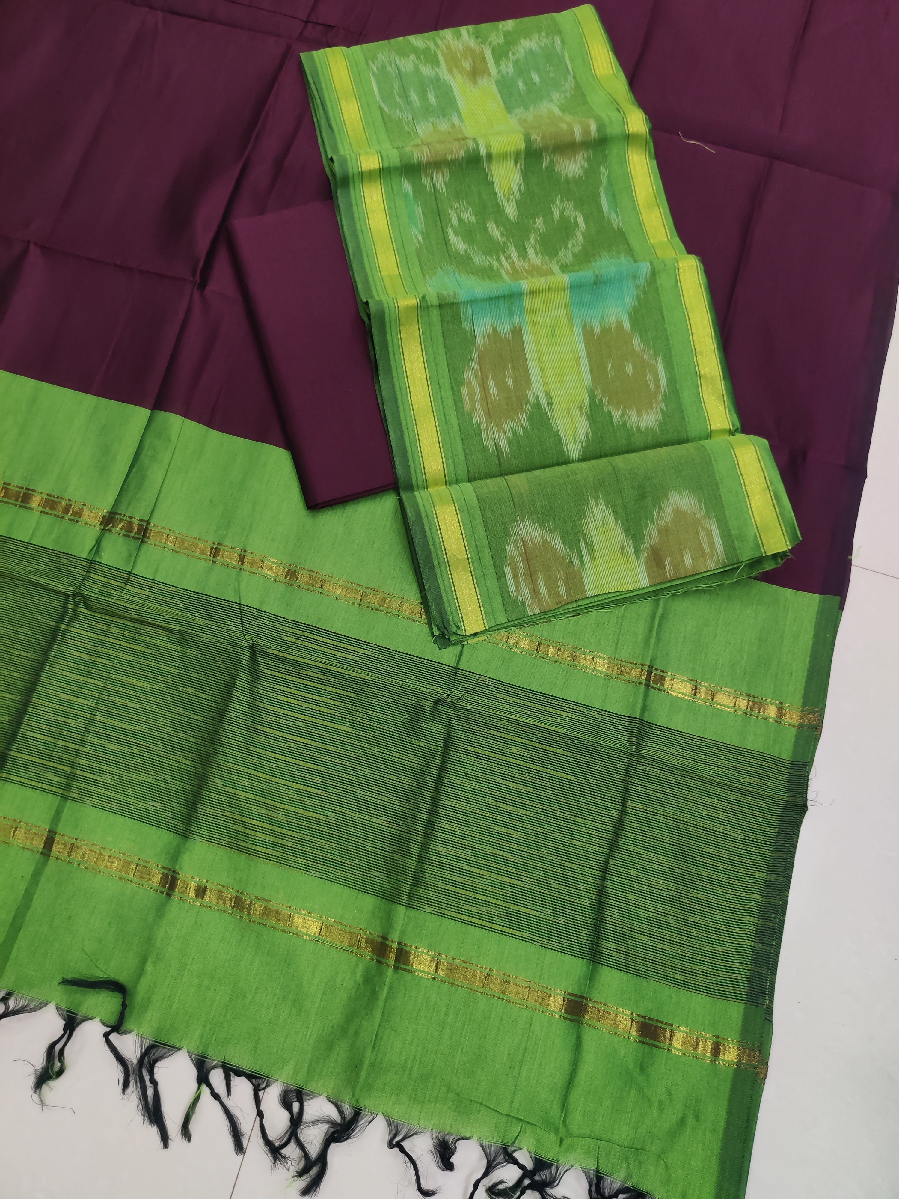 Green - 3PC HANDLOOM SILK COTTON POCHAMPALLY IKAT DRESS MATERIAL SET 03