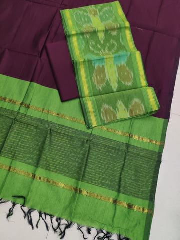 Green - 3PC HANDLOOM SILK COTTON POCHAMPALLY IKAT DRESS MATERIAL SET 03