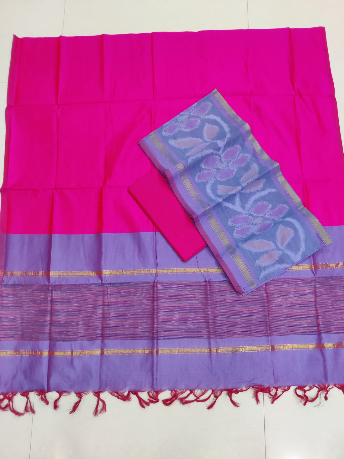 Pink - 3PC HANDLOOM SILK COTTON POCHAMPALLY IKAT DRESS MATERIAL SET 05