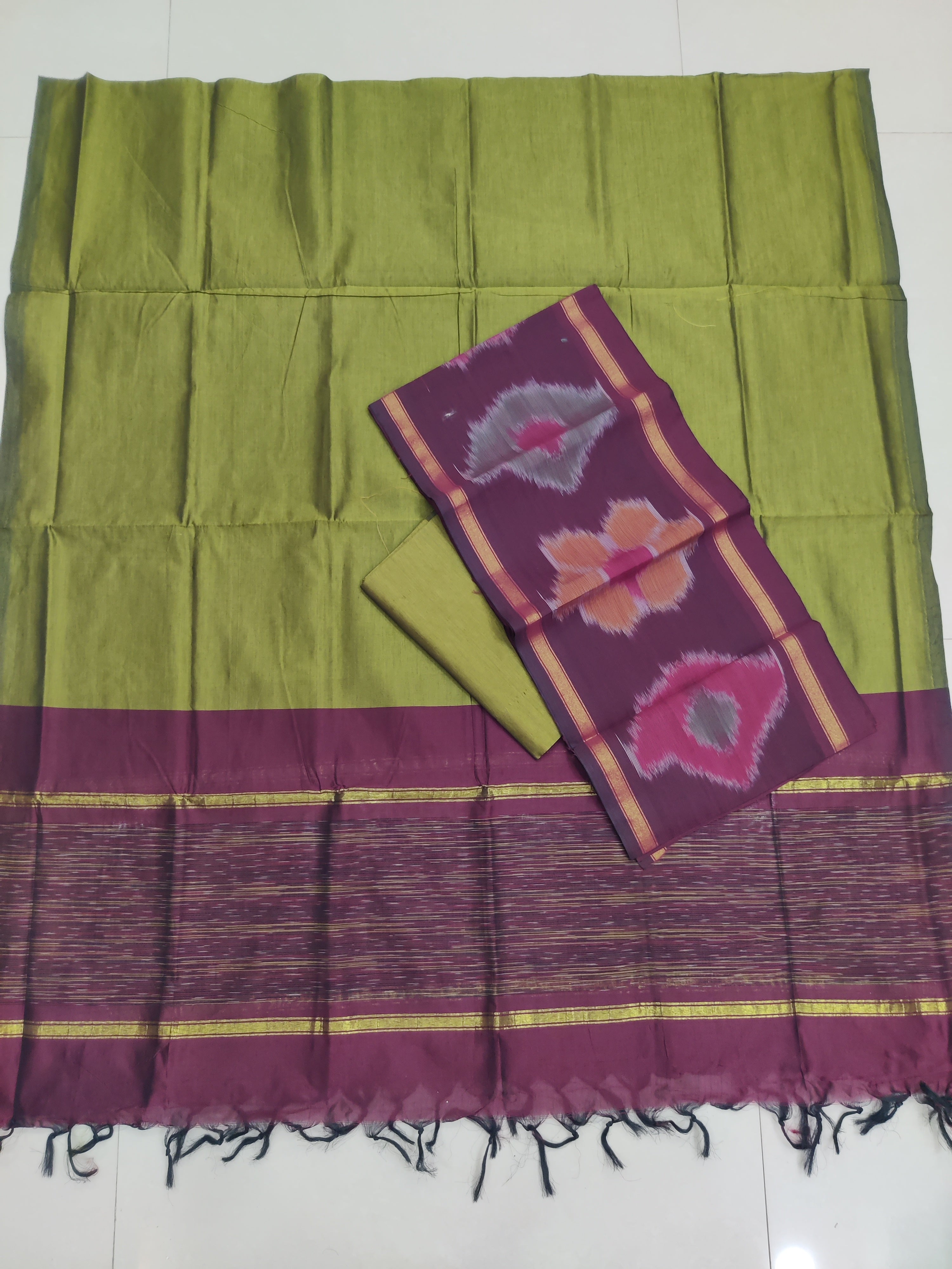 Brown - 3PC HANDLOOM SILK COTTON POCHAMPALLY IKAT DRESS MATERIAL SET 06