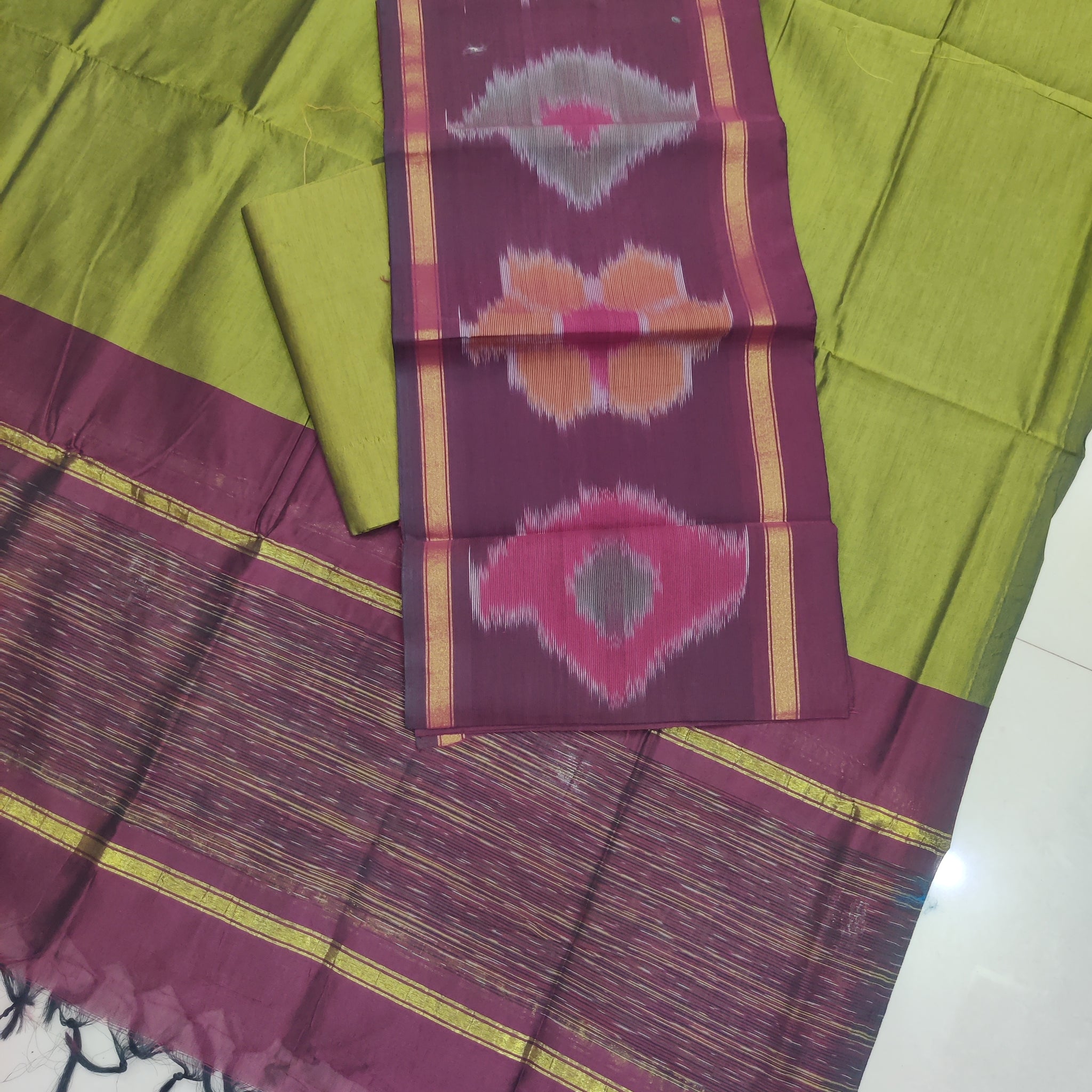 Brown - 3PC HANDLOOM SILK COTTON POCHAMPALLY IKAT DRESS MATERIAL SET 06