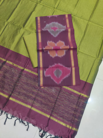Brown - 3PC HANDLOOM SILK COTTON POCHAMPALLY IKAT DRESS MATERIAL SET 06