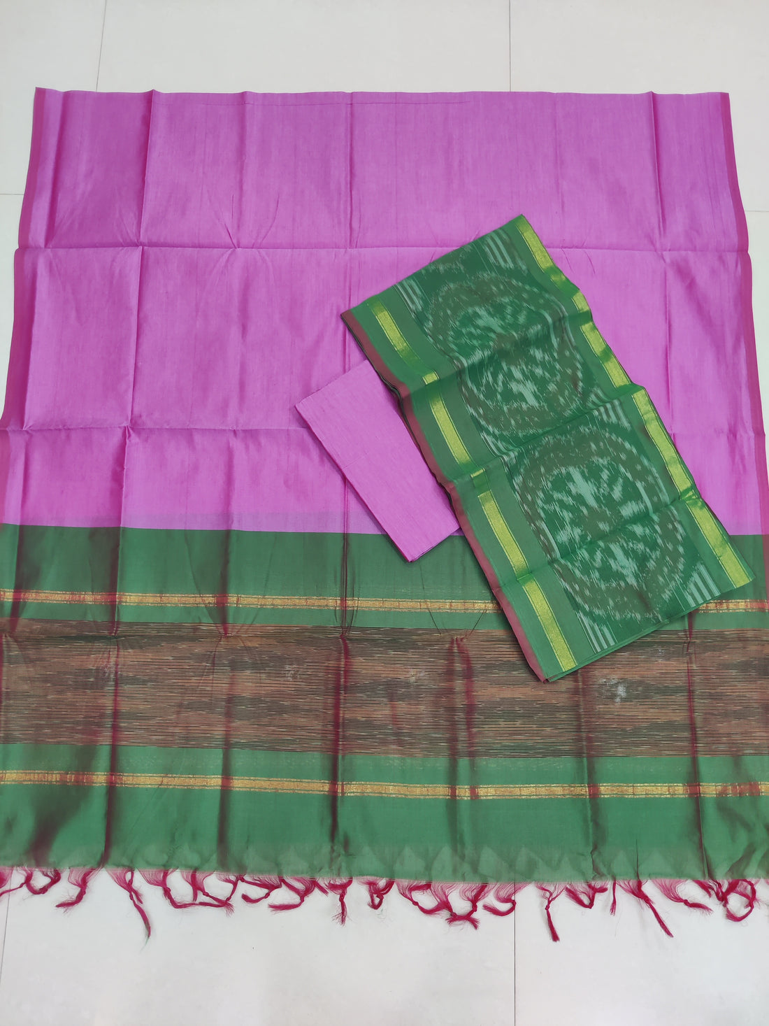 Pink - 3PC HANDLOOM SILK COTTON POCHAMPALLY IKAT DRESS MATERIAL SET 08