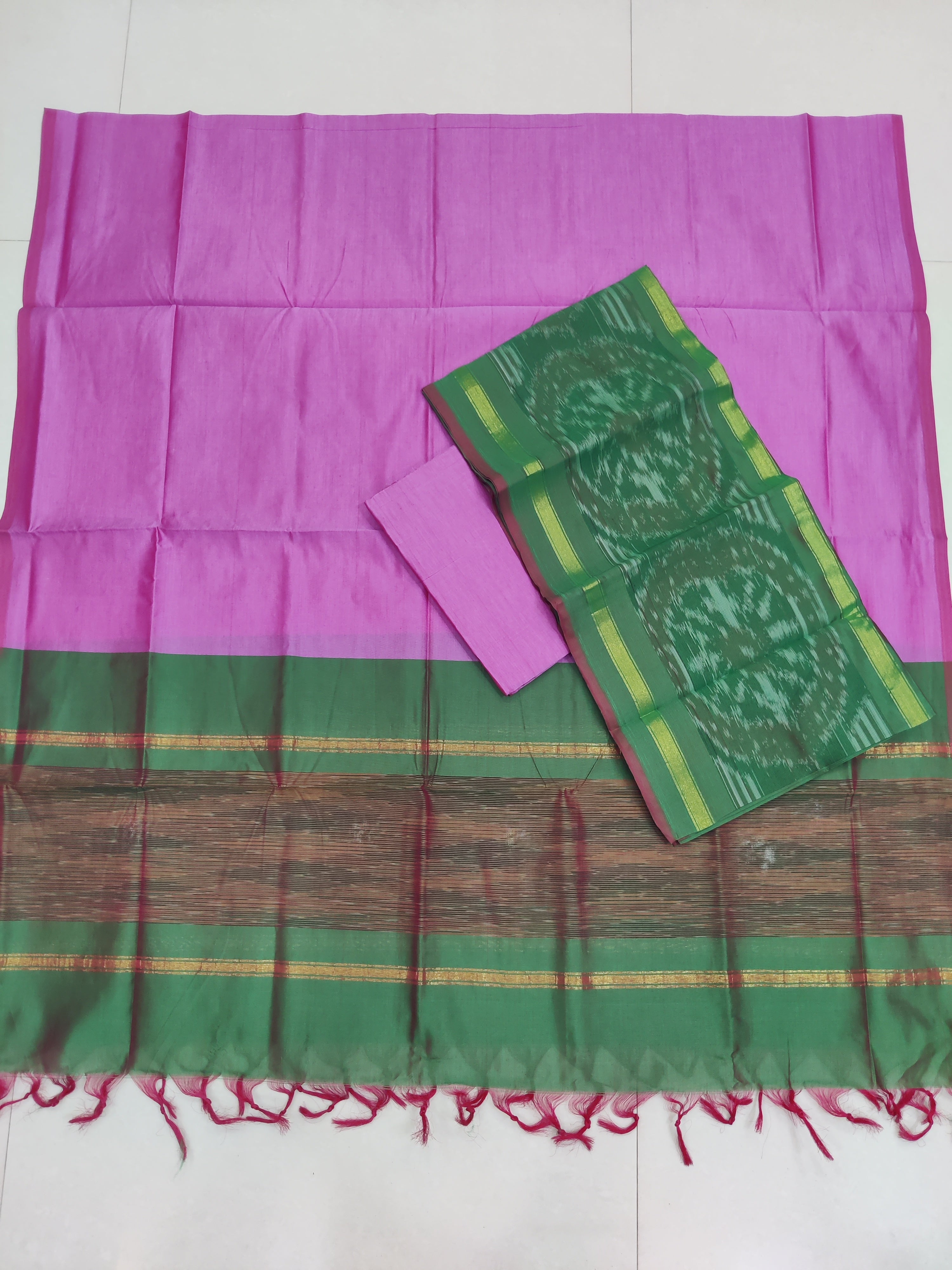 Pink - 3PC HANDLOOM SILK COTTON POCHAMPALLY IKAT DRESS MATERIAL SET 08