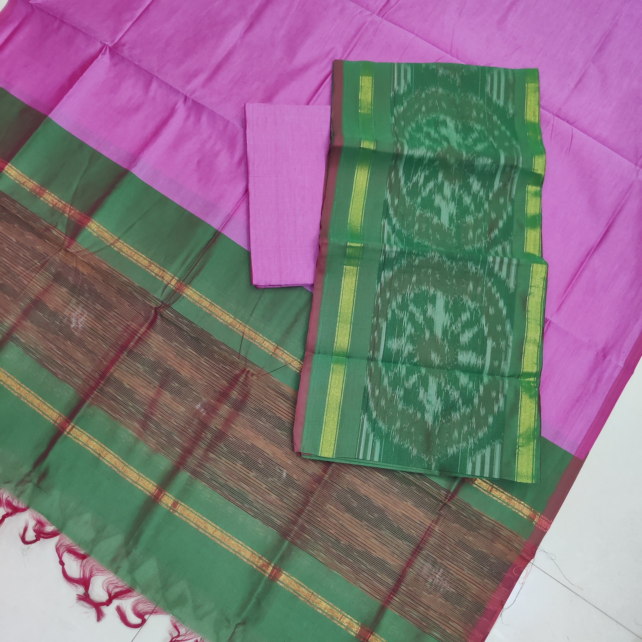 Pink - 3PC HANDLOOM SILK COTTON POCHAMPALLY IKAT DRESS MATERIAL SET 08