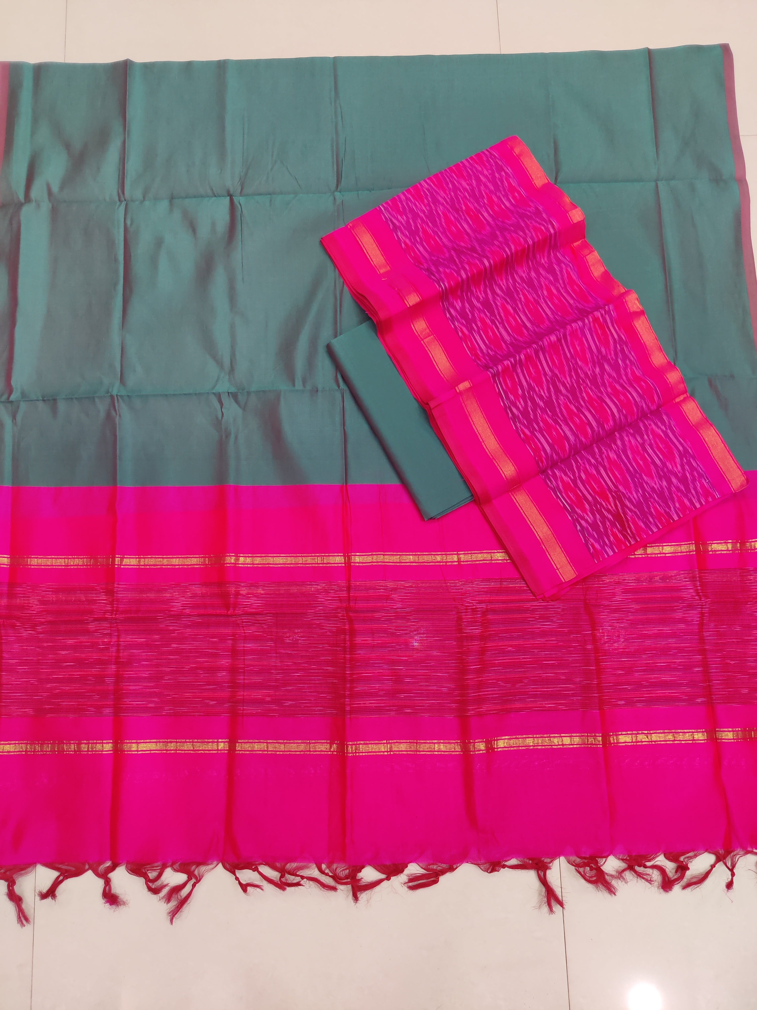 Pink - 3PC HANDLOOM SILK COTTON POCHAMPALLY IKAT DRESS MATERIAL SET 07